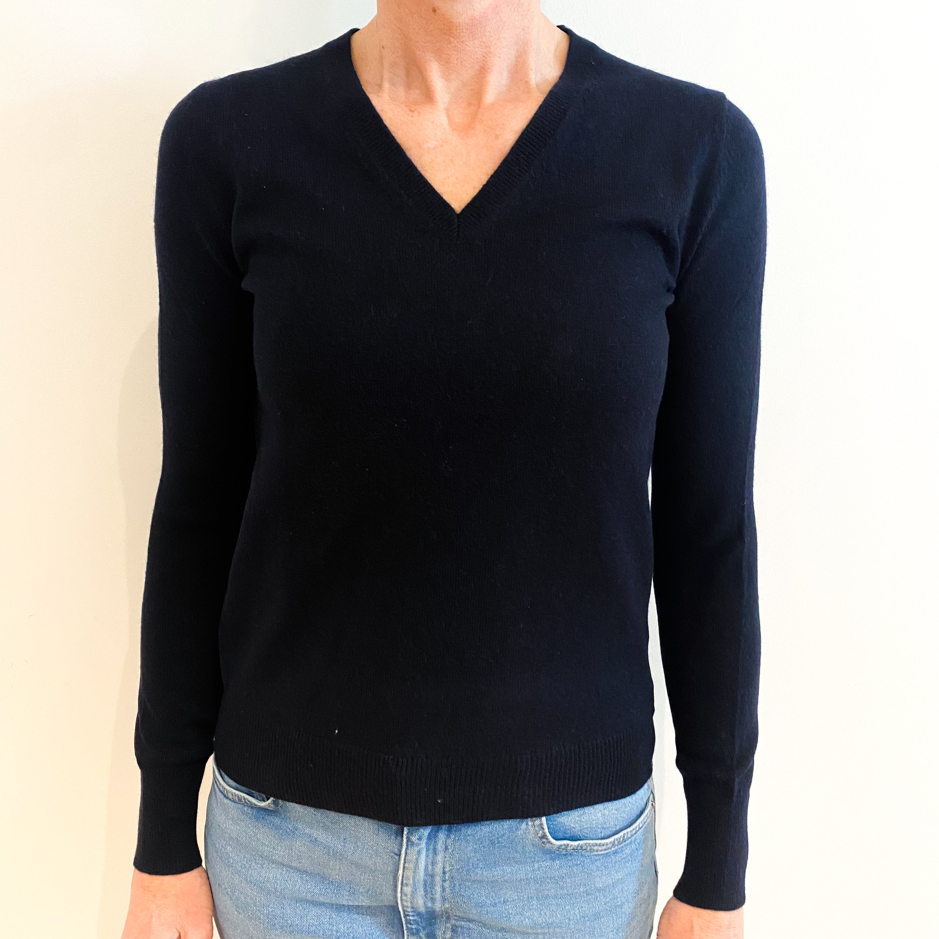 Navy Blue Cashmere V Neck Jumper Small