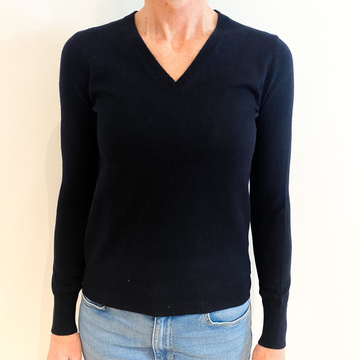 Navy Blue Cashmere V Neck Jumper Small