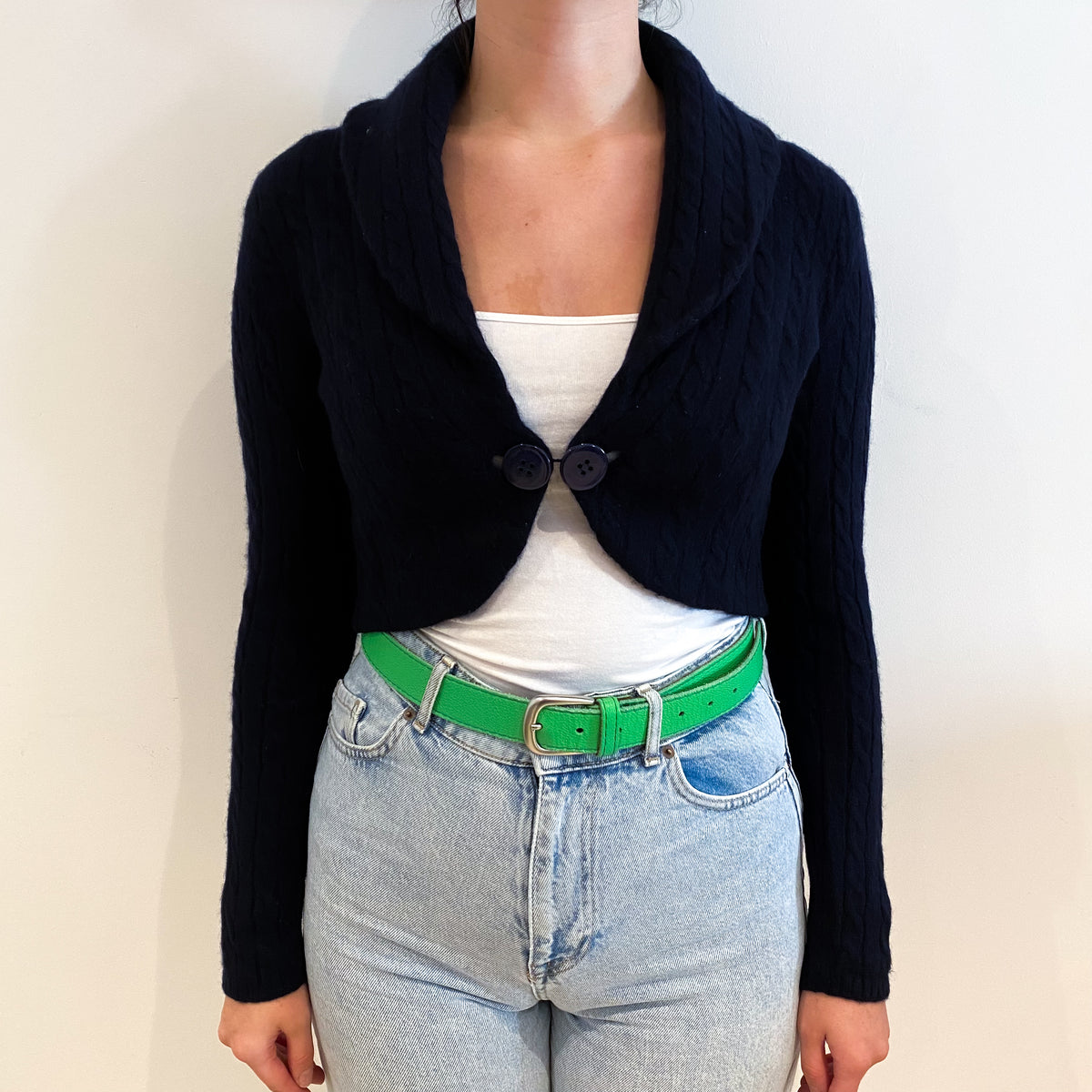 Ralph Lauren Navy Blue Cable Cashmere Cropped Cardigan Small