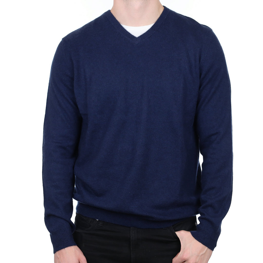 Men’s Navy Blue Cashmere V Neck Jumper Extra Large