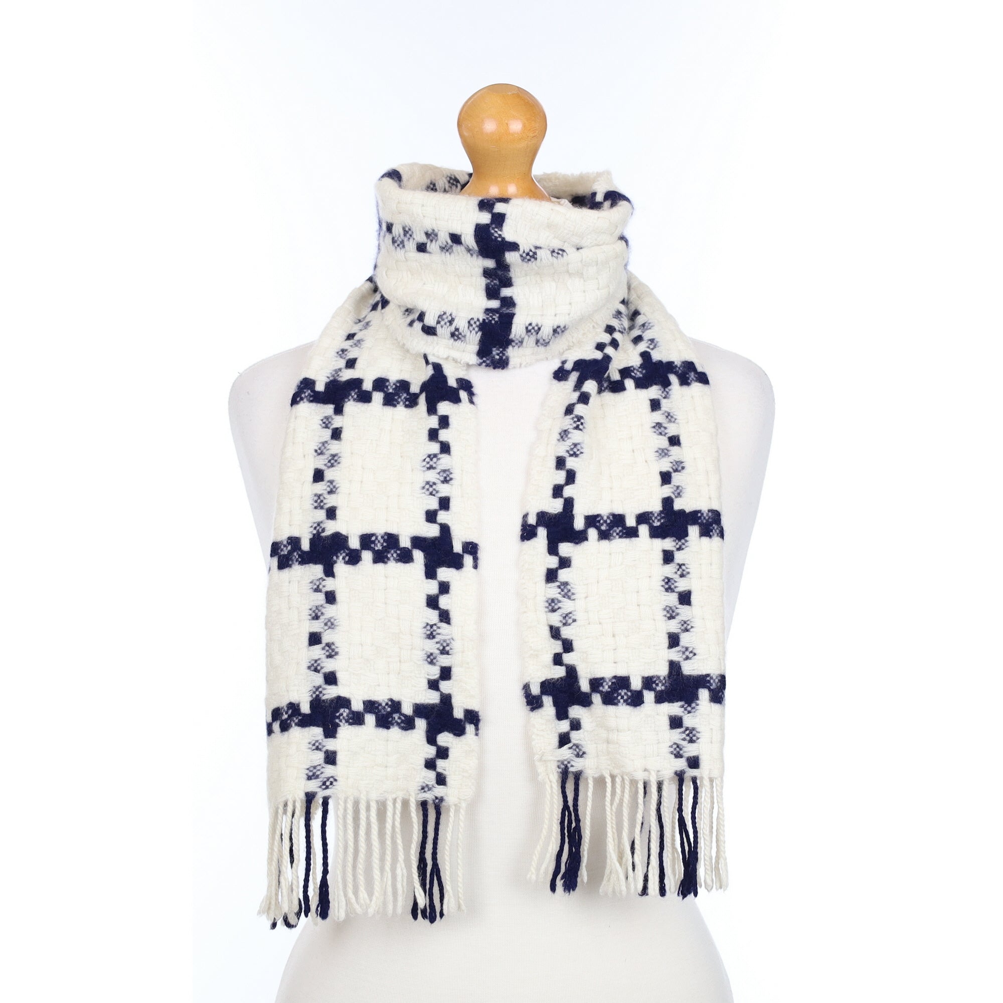 Navy and Cream Basket Weave Cashmere Scarf