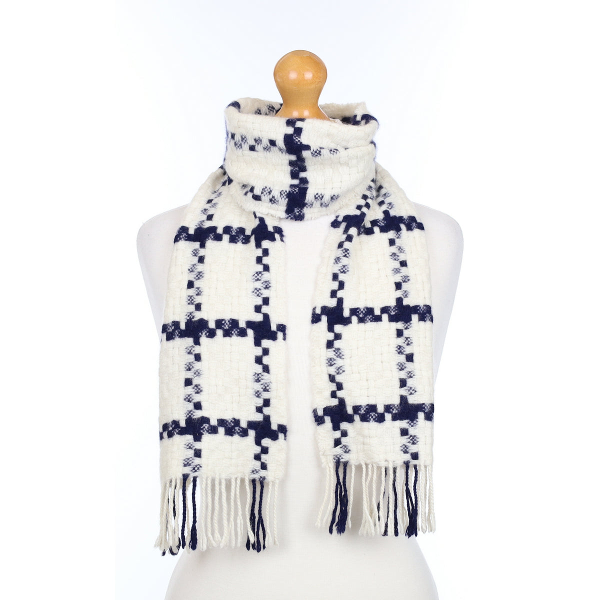 Navy and Cream Basket Weave Cashmere Scarf