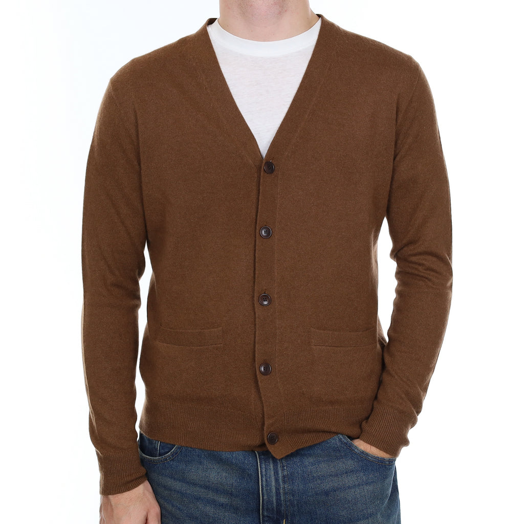 Men’s Chestnut Brown Cashmere V Neck Cardigan with Pockets Medium