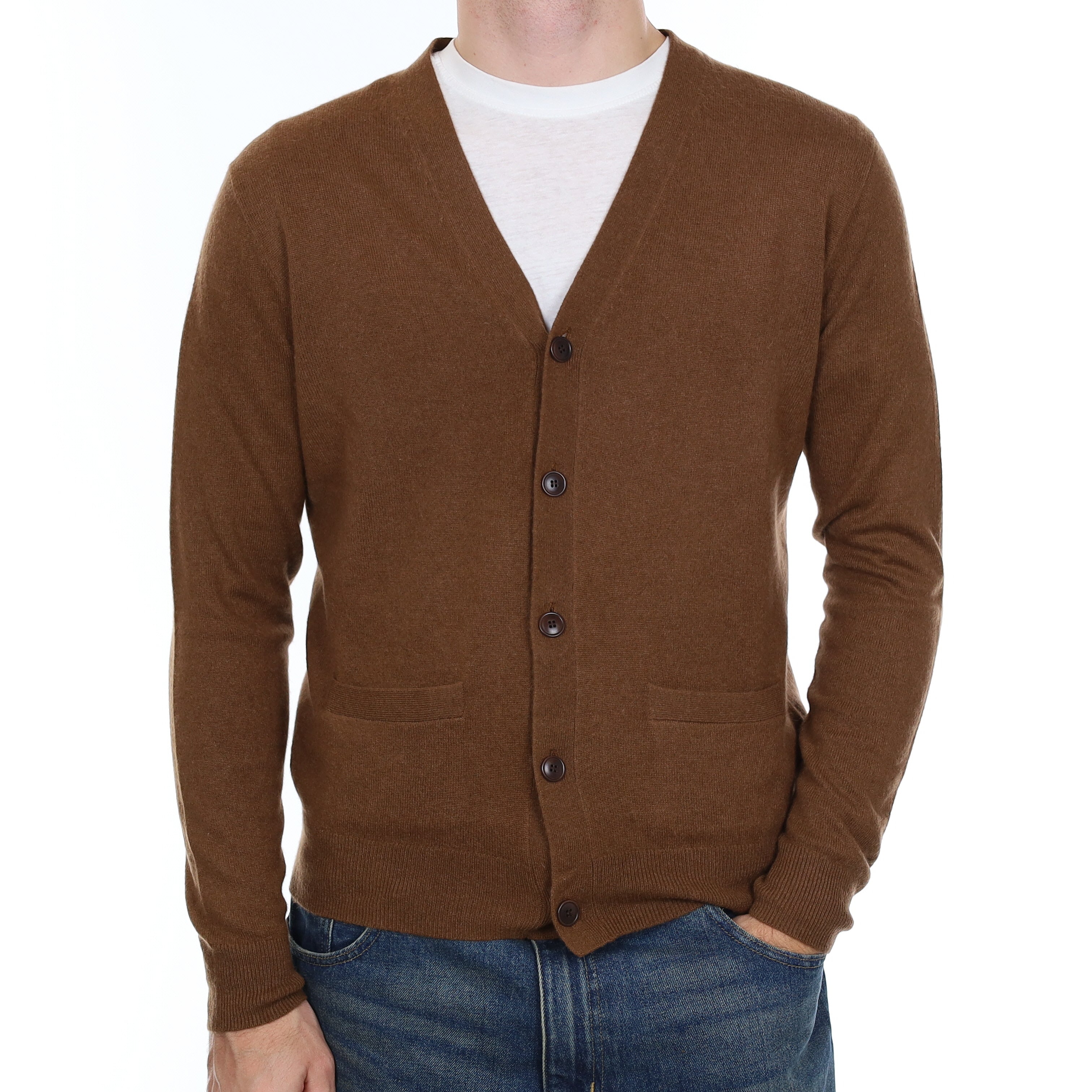 Men’s Chestnut Brown Cashmere V Neck Cardigan with Pockets Medium