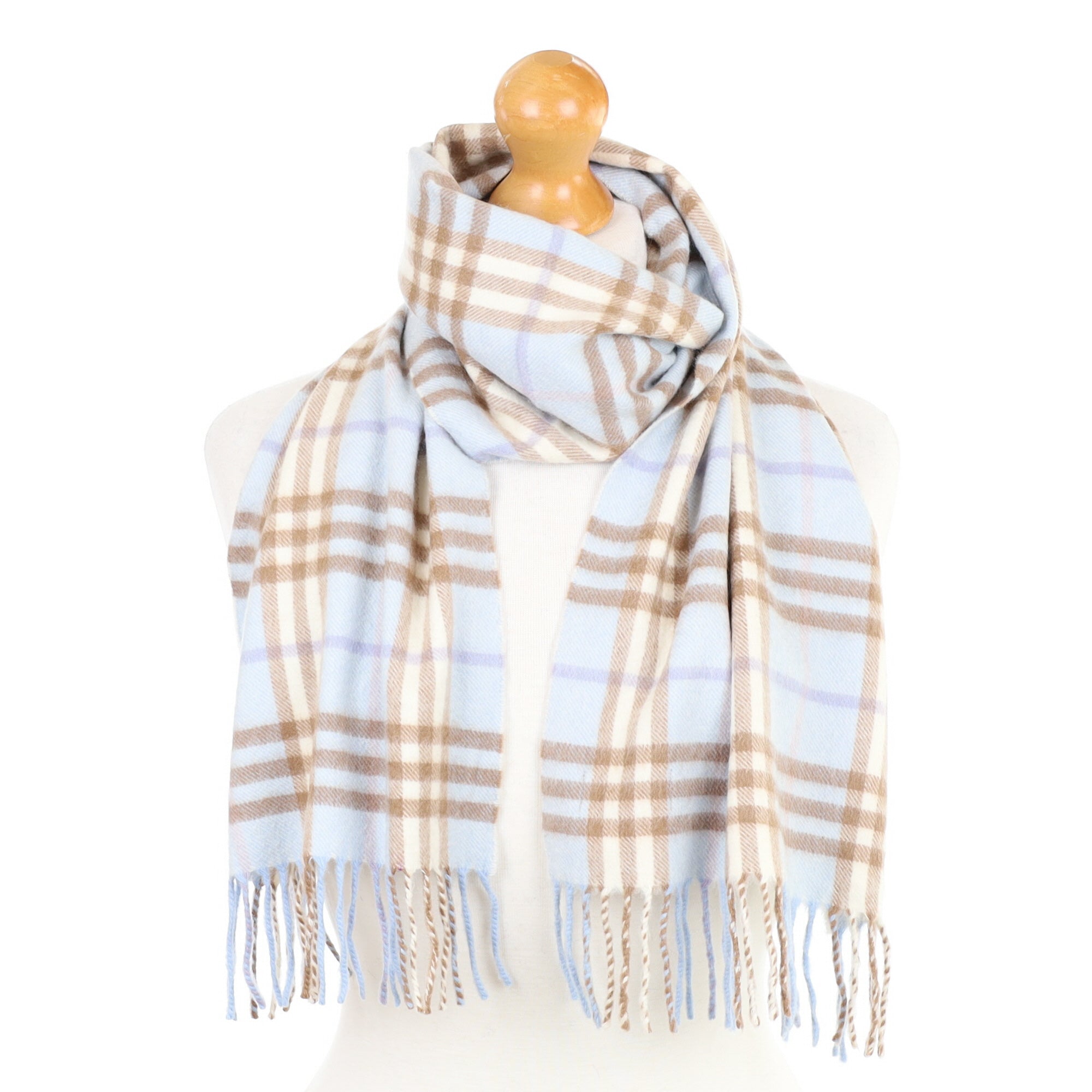 Burberry Blue and Brown Checked Fringed Cashmere Woven Scarf