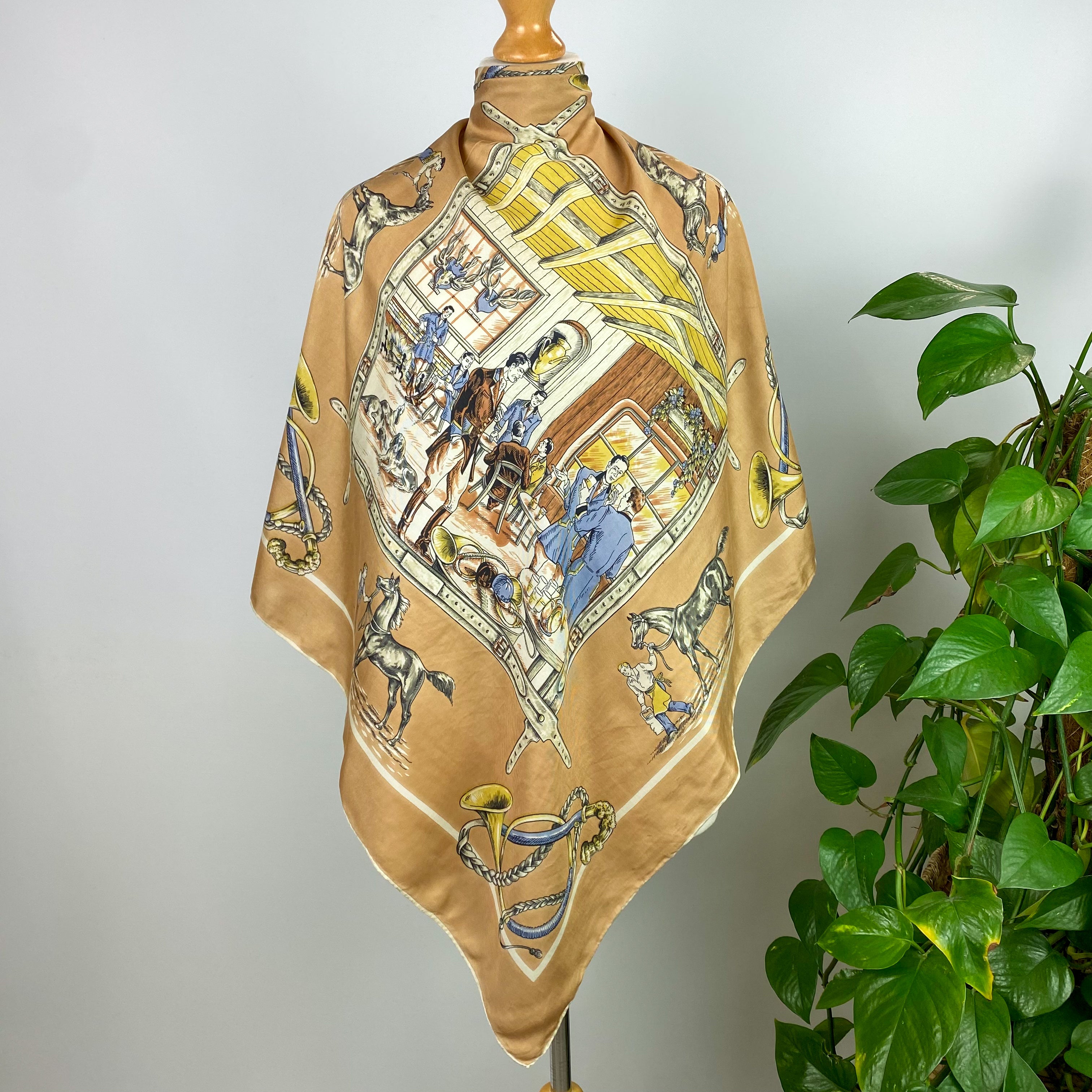 Hunting Party Scene Vintage Silk Scarf