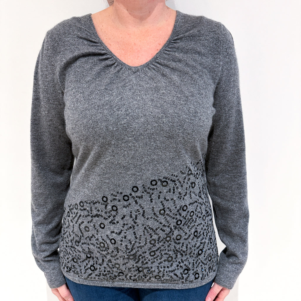 Steel Grey Sequinned Cashmere V-Neck Jumper Large