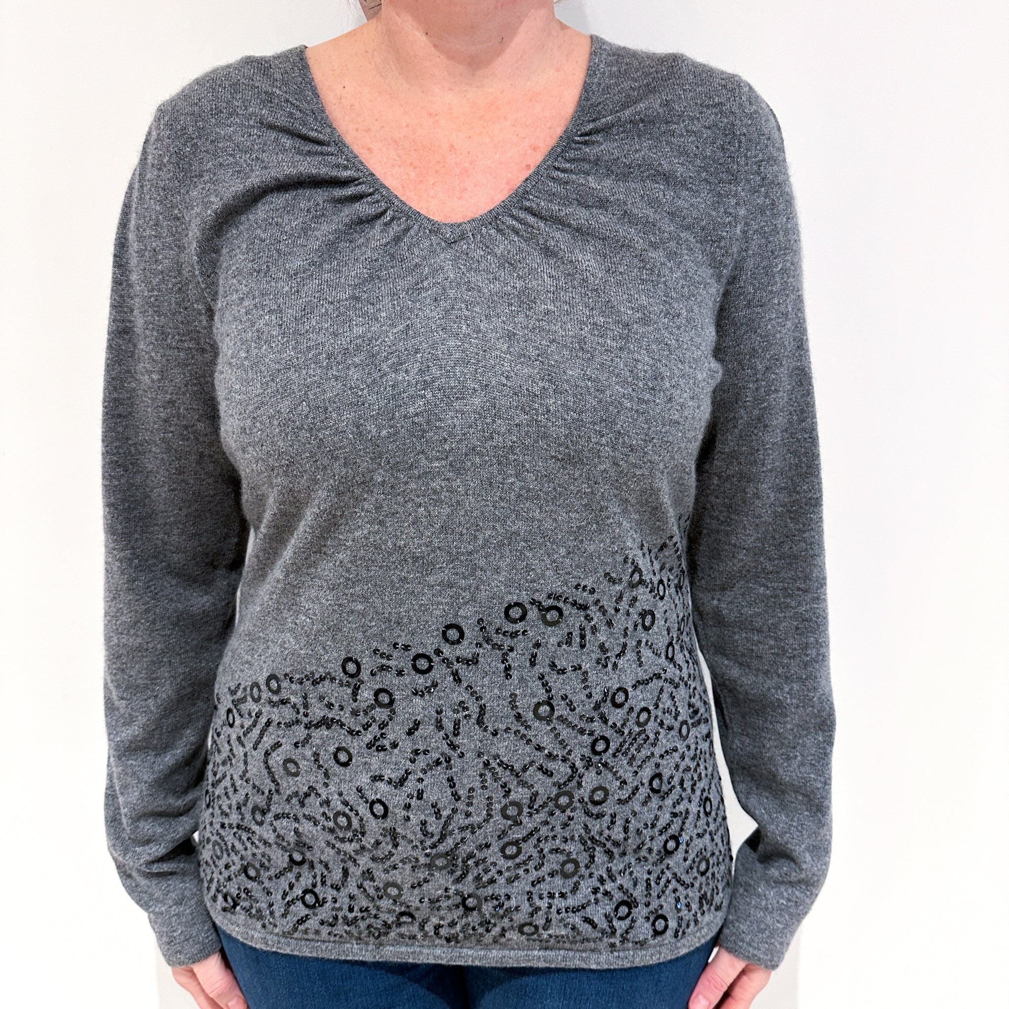 Steel Grey Sequinned Cashmere V-Neck Jumper Large