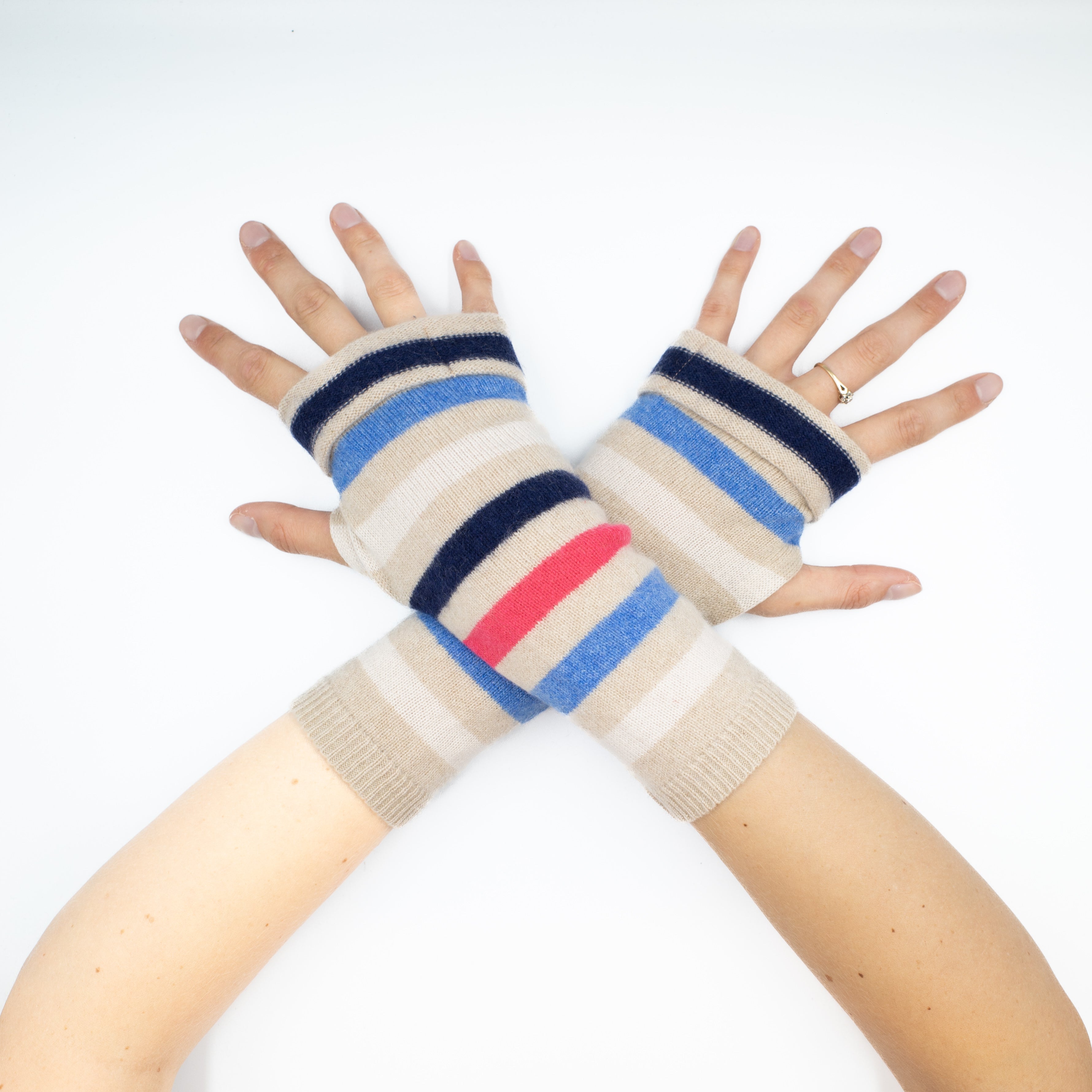 Sand Multicoloured Striped Fingerless Gloves