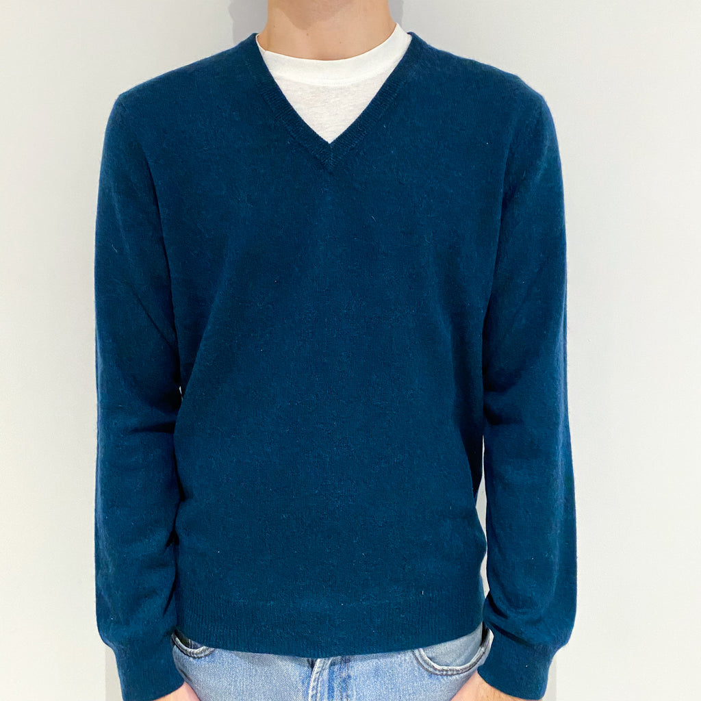 Men's Petrol Blue Cashmere V-Neck Jumper Large