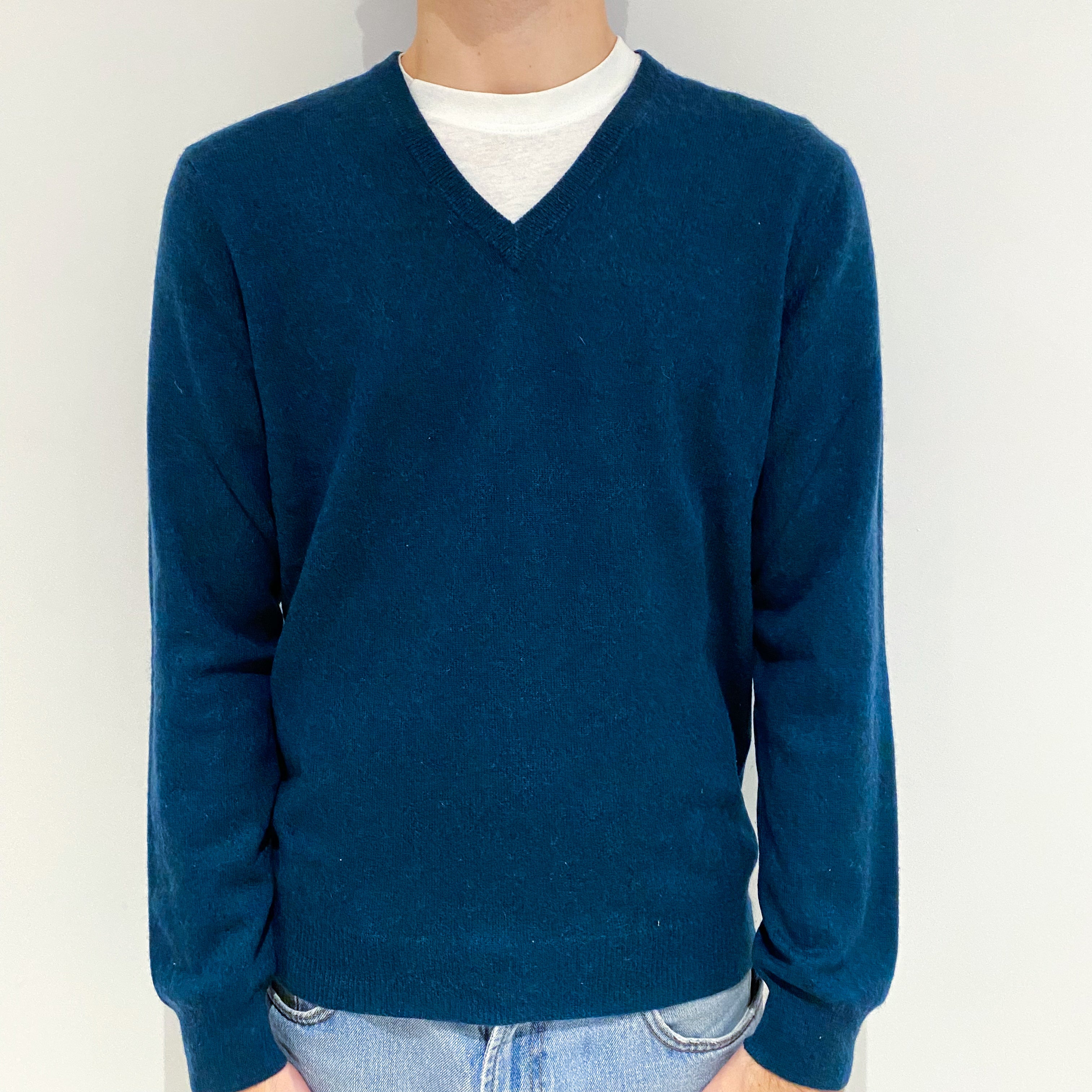 Men's Petrol Blue Cashmere V-Neck Jumper Large