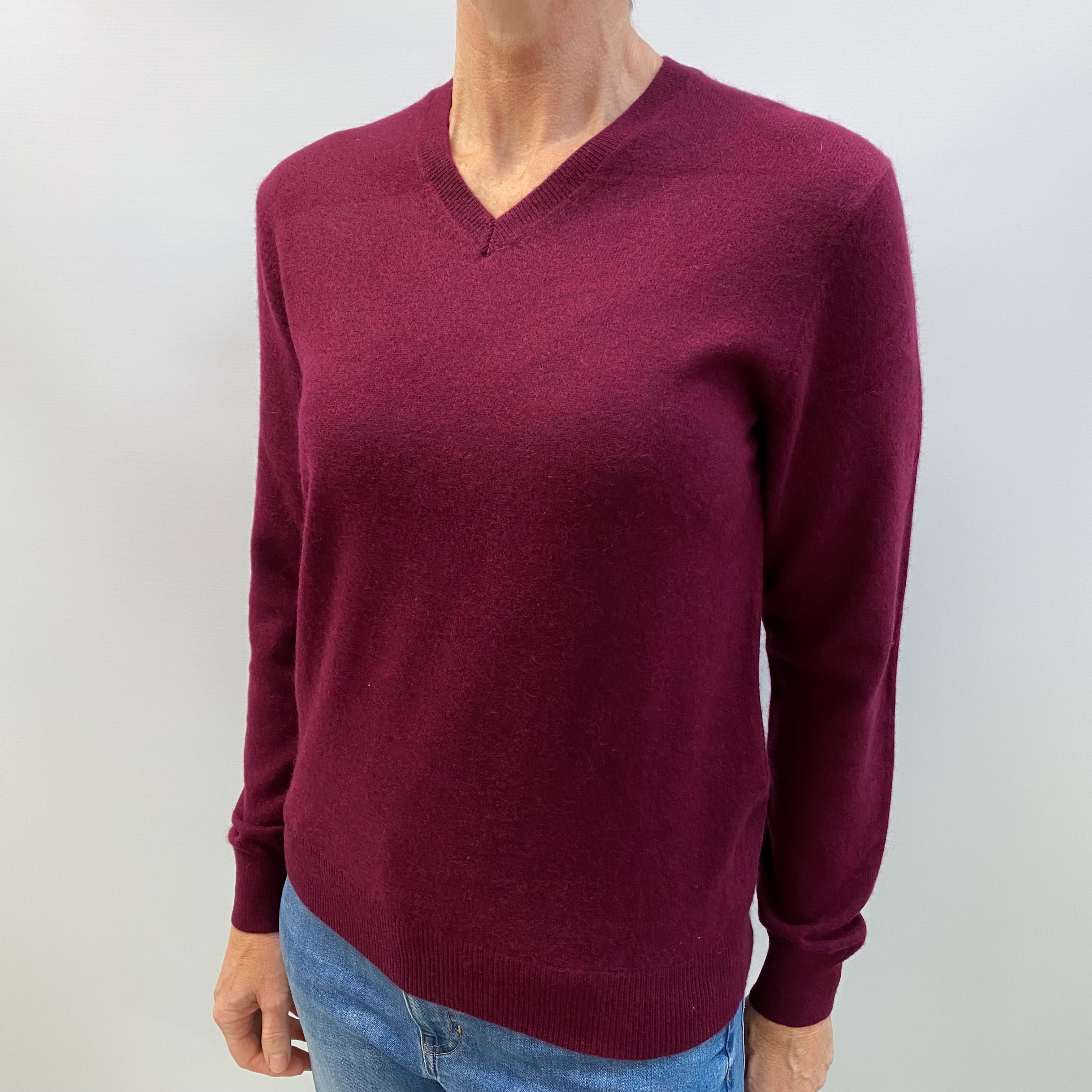 Burgundy Red Cashmere V Neck Jumper Small
