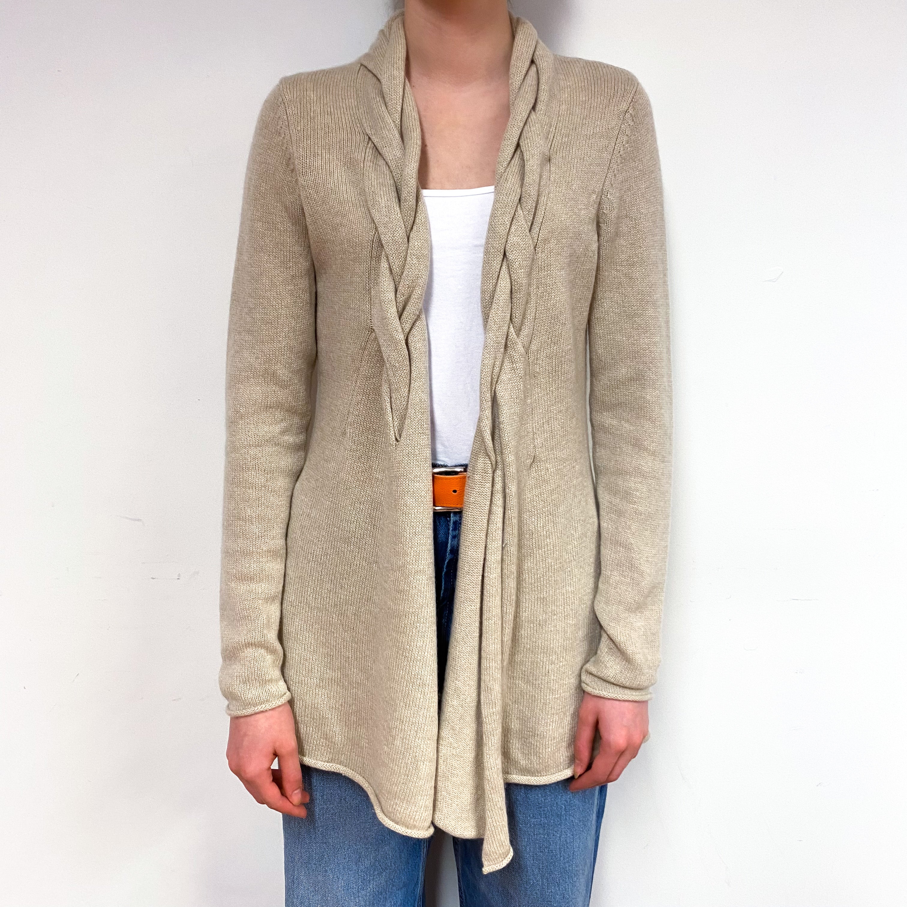 Fawn Beige Cashmere Plaited Edge to Edge Cardigan Extra Small