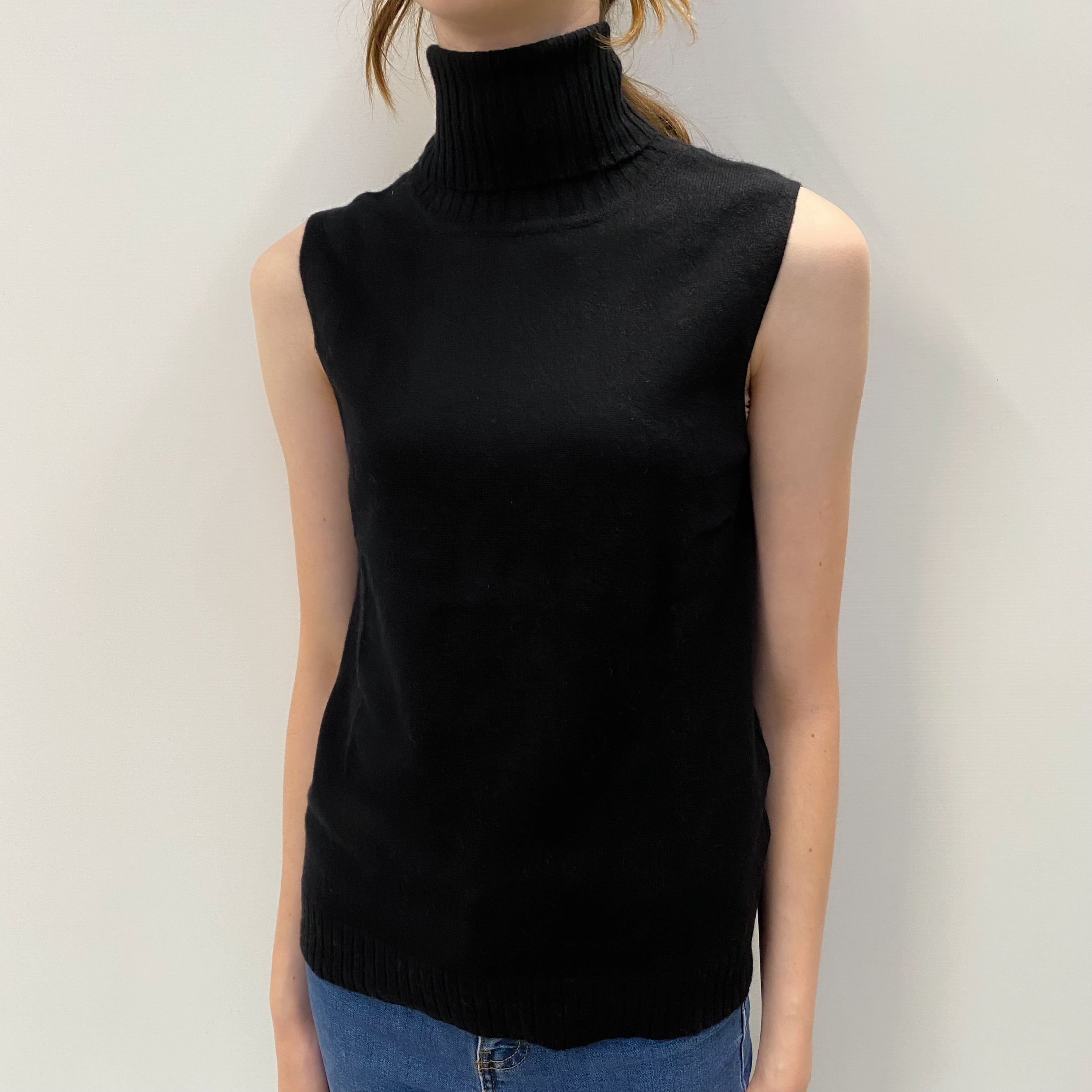 Black Cashmere Sleeveless Polo Neck Jumper Extra Small