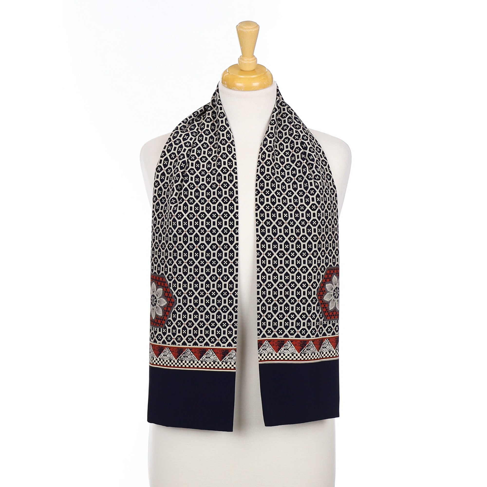 Navy and Brown Patterned Long Silk Scarf