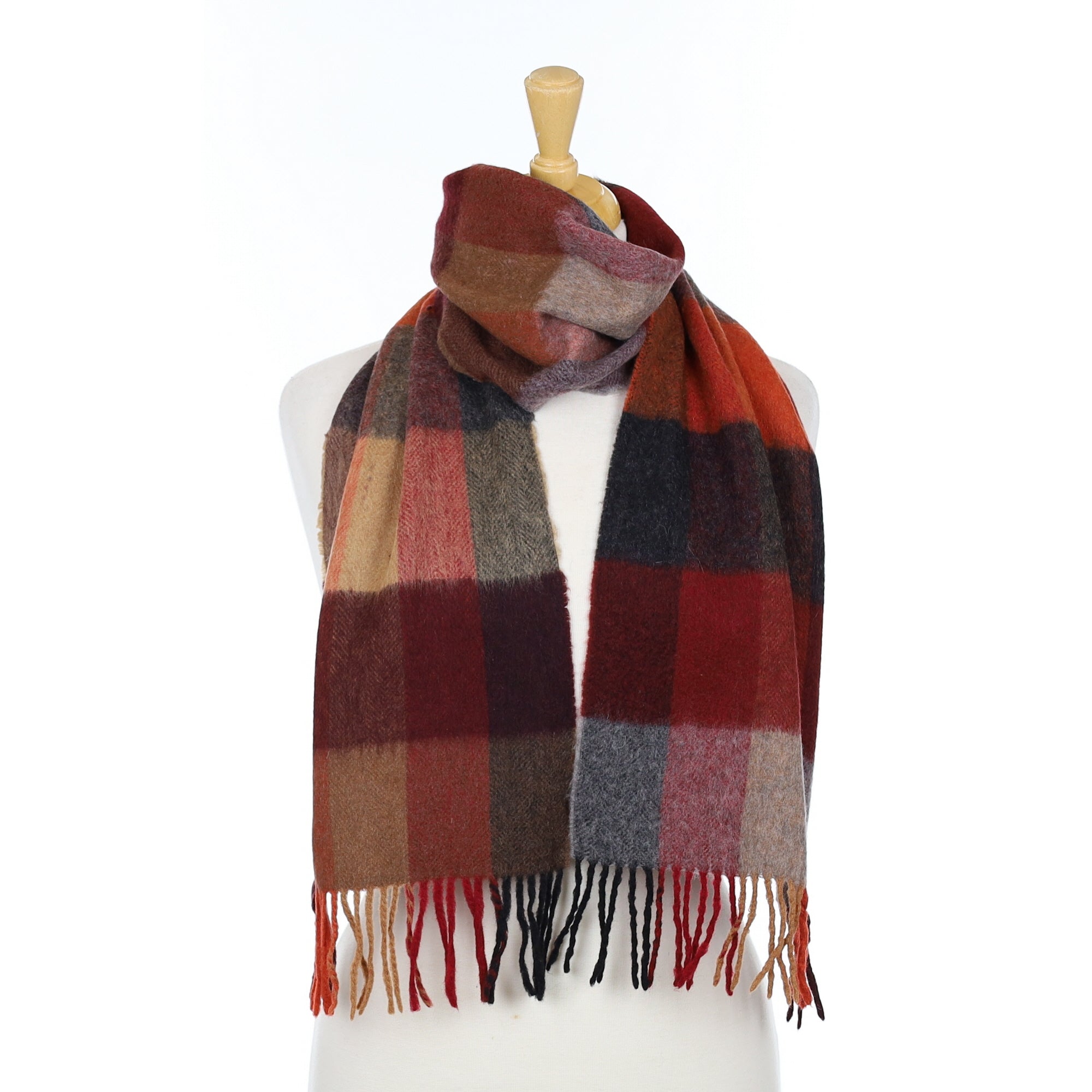 Burgundy Orange and Grey Check Cashmere Woven Scarf