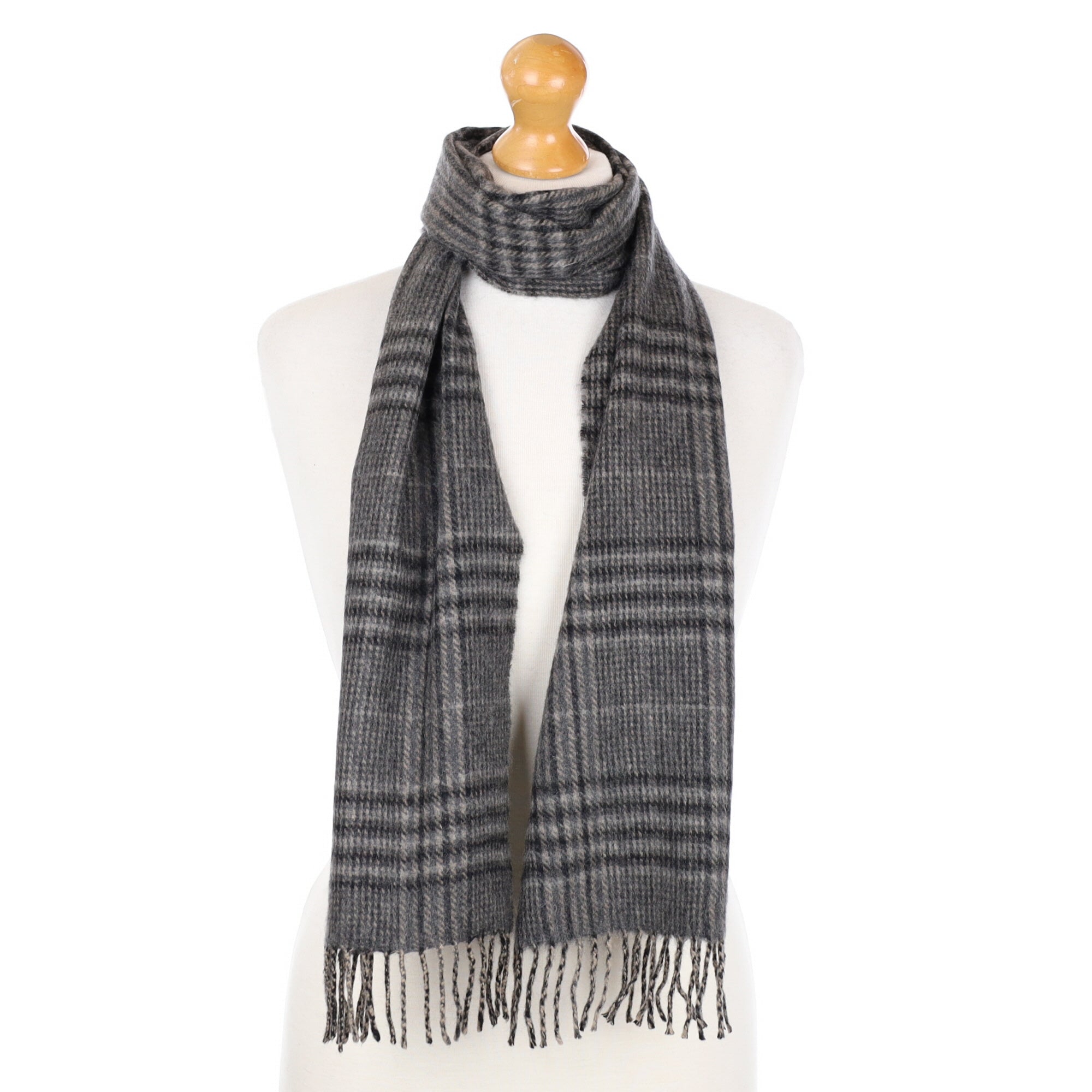 Grey Tartan Cashmere Fringed Woven Scarf