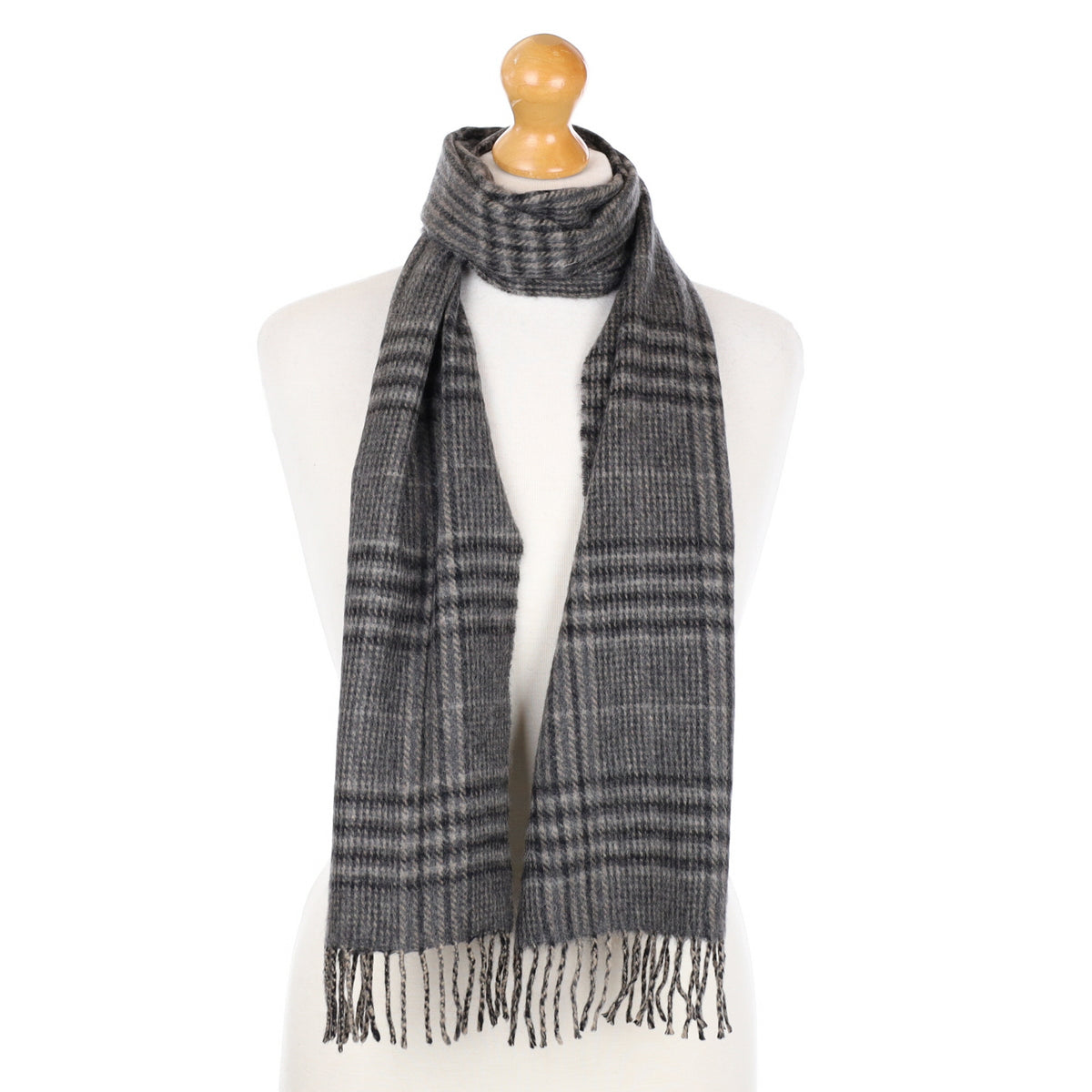 Grey Tartan Cashmere Fringed Woven Scarf