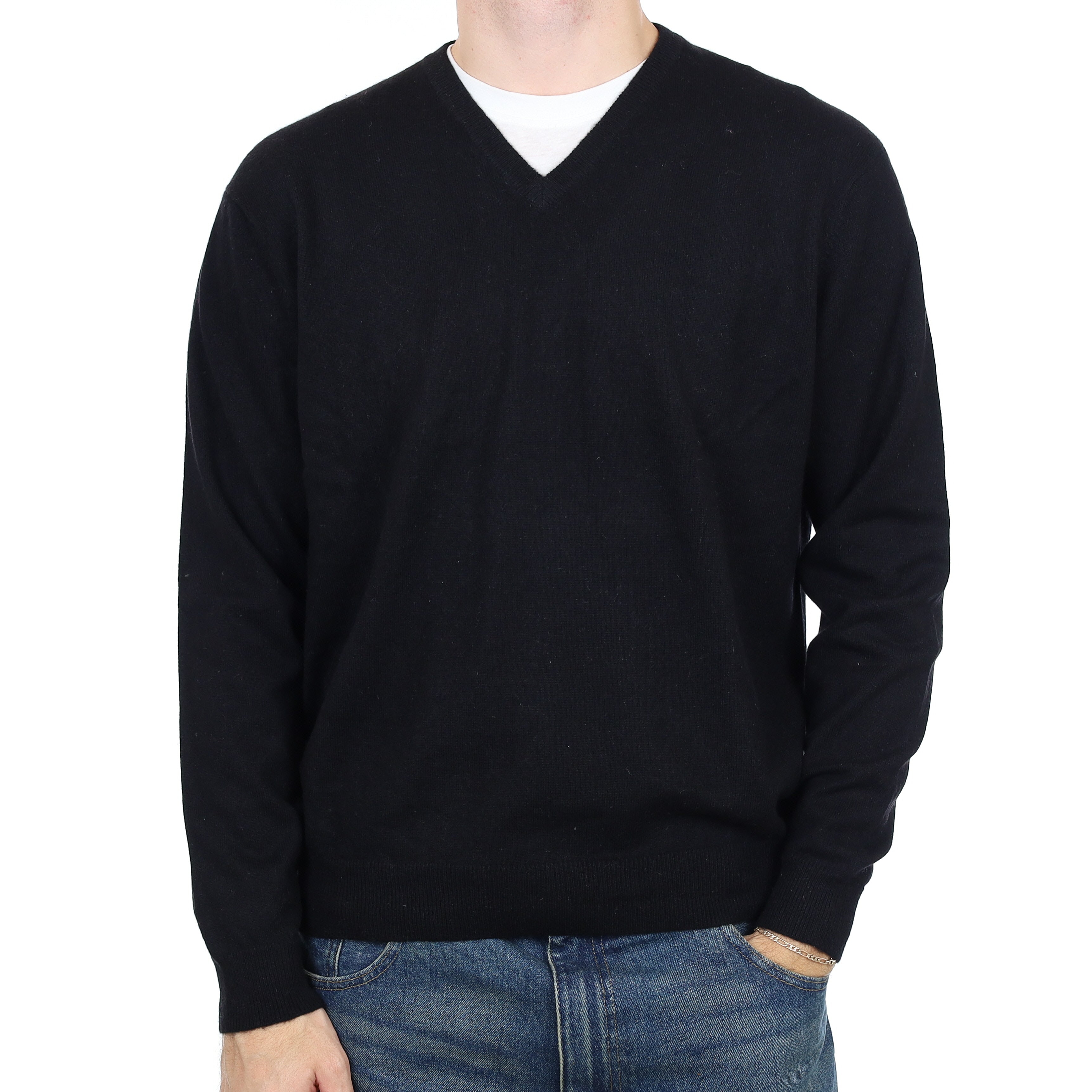 Men’s Black Cashmere V Neck Jumper Large