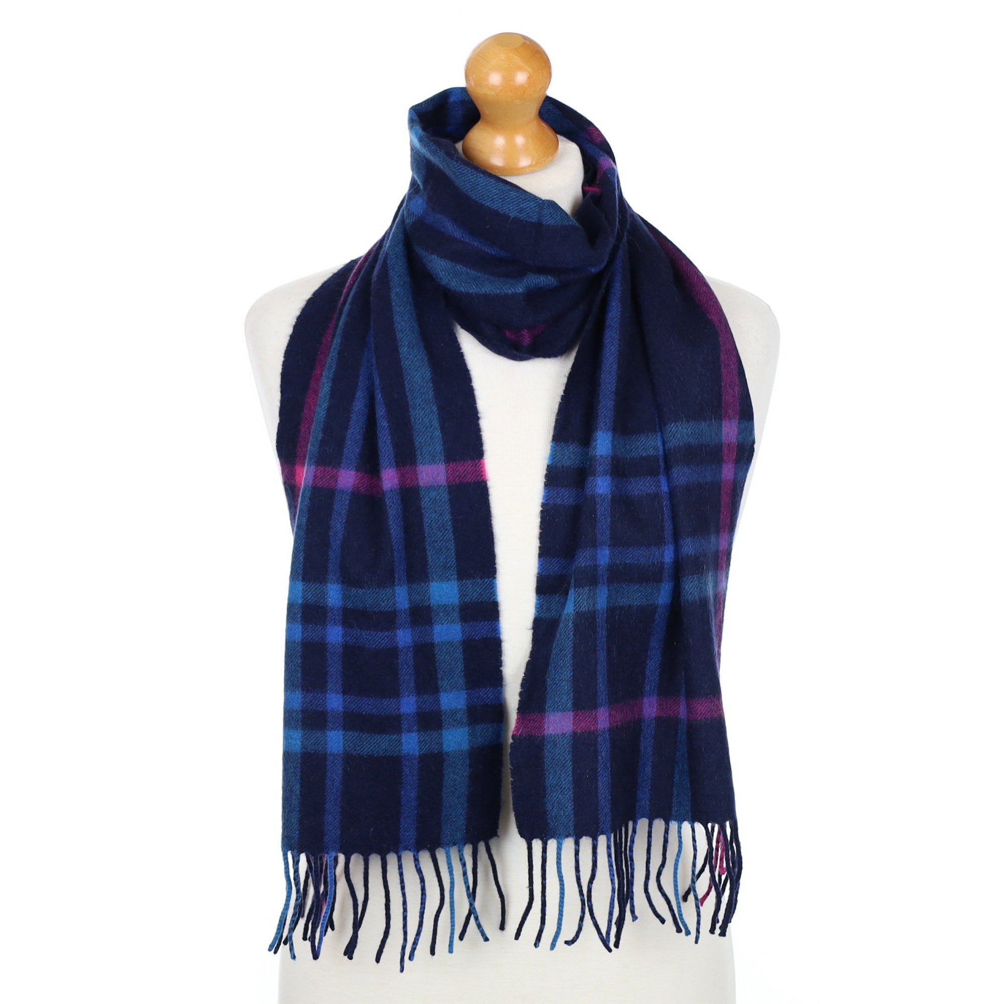 Navy and Turquoise Checked Fringed Cashmere Woven Scarf