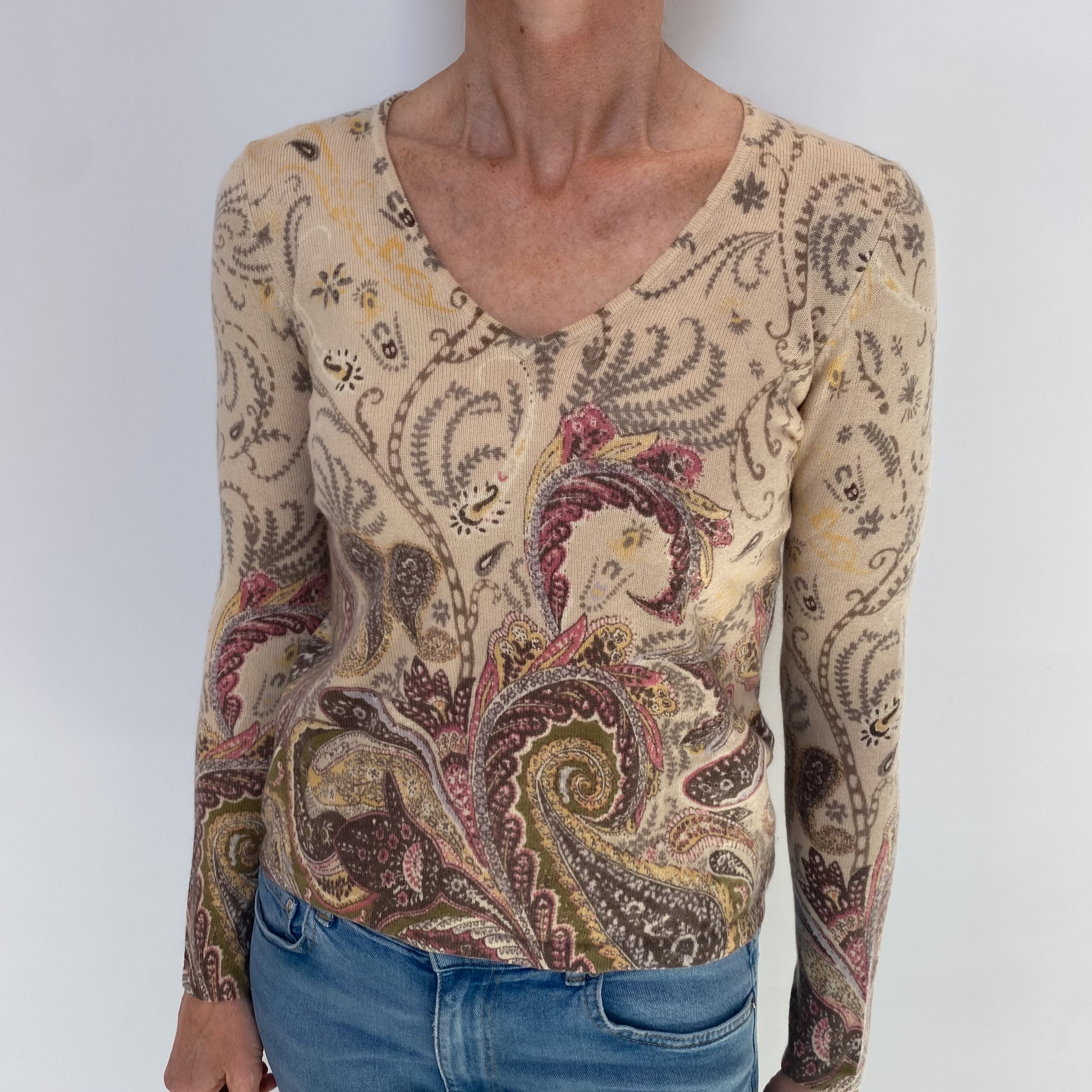 Beige Paisley Cashmere V Neck Jumper Small