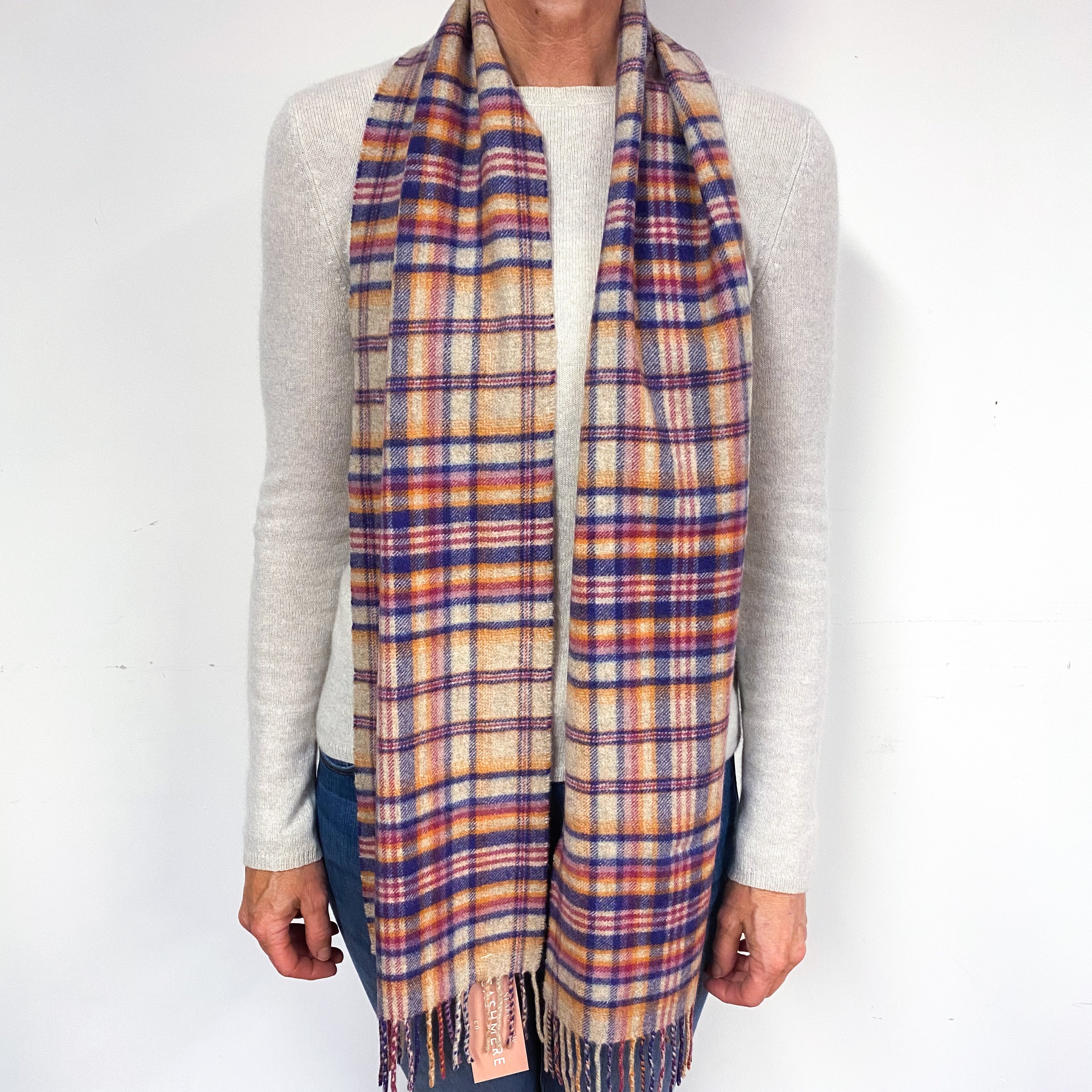 Grey, Purple and Magenta Tartan Fringed Cashmere Woven Scarf