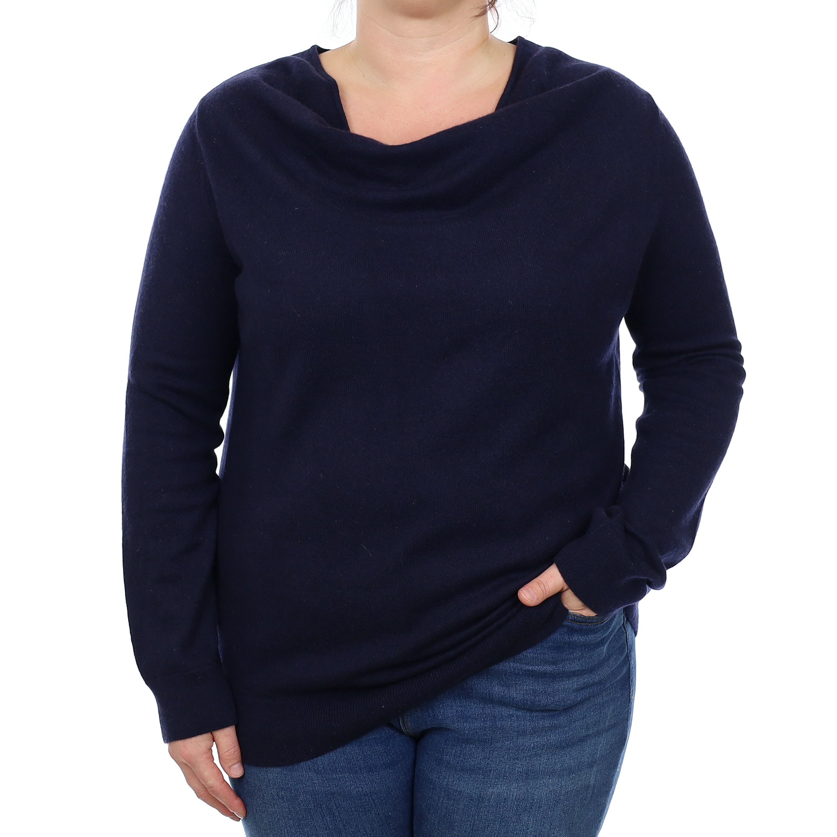 Navy Blue Cashmere Drape Neck Tunic Jumper Large