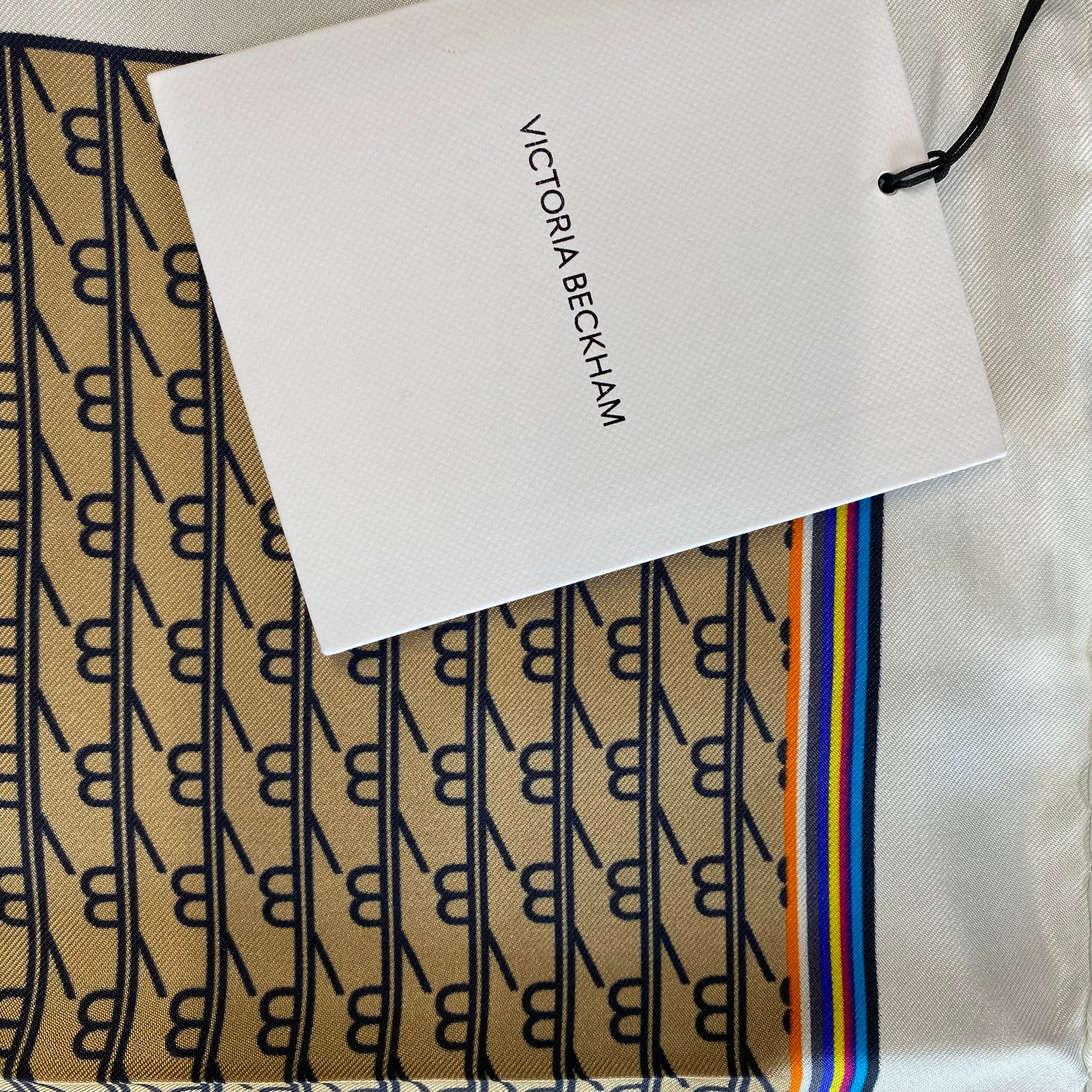 Boxed Victoria Beckham Camel, Black and Cream Silk Scarf