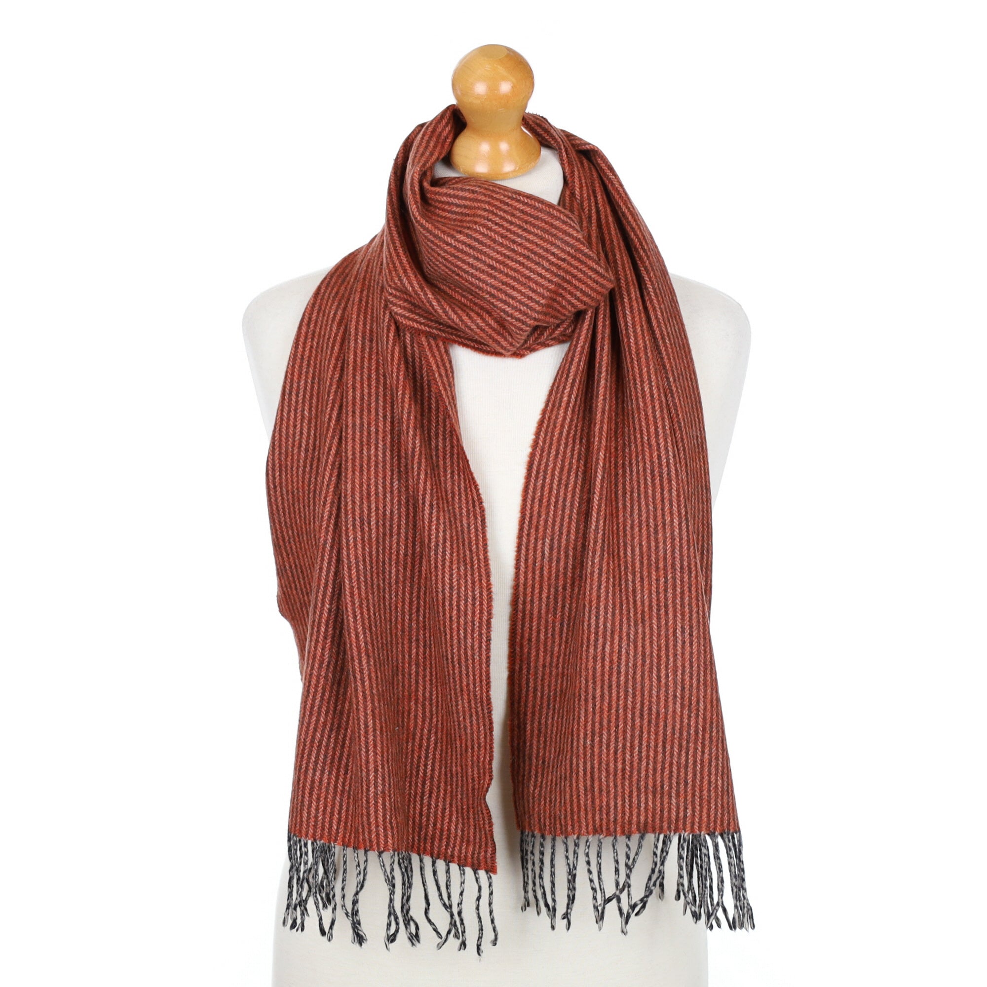 Orange and Grey Striped Fringed Cashmere Woven Scarf