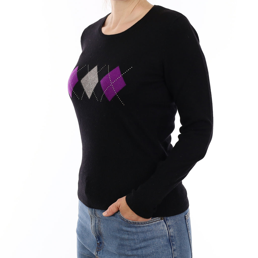 Black Diamond Patterned Cashmere Crew Neck Jumper Small
