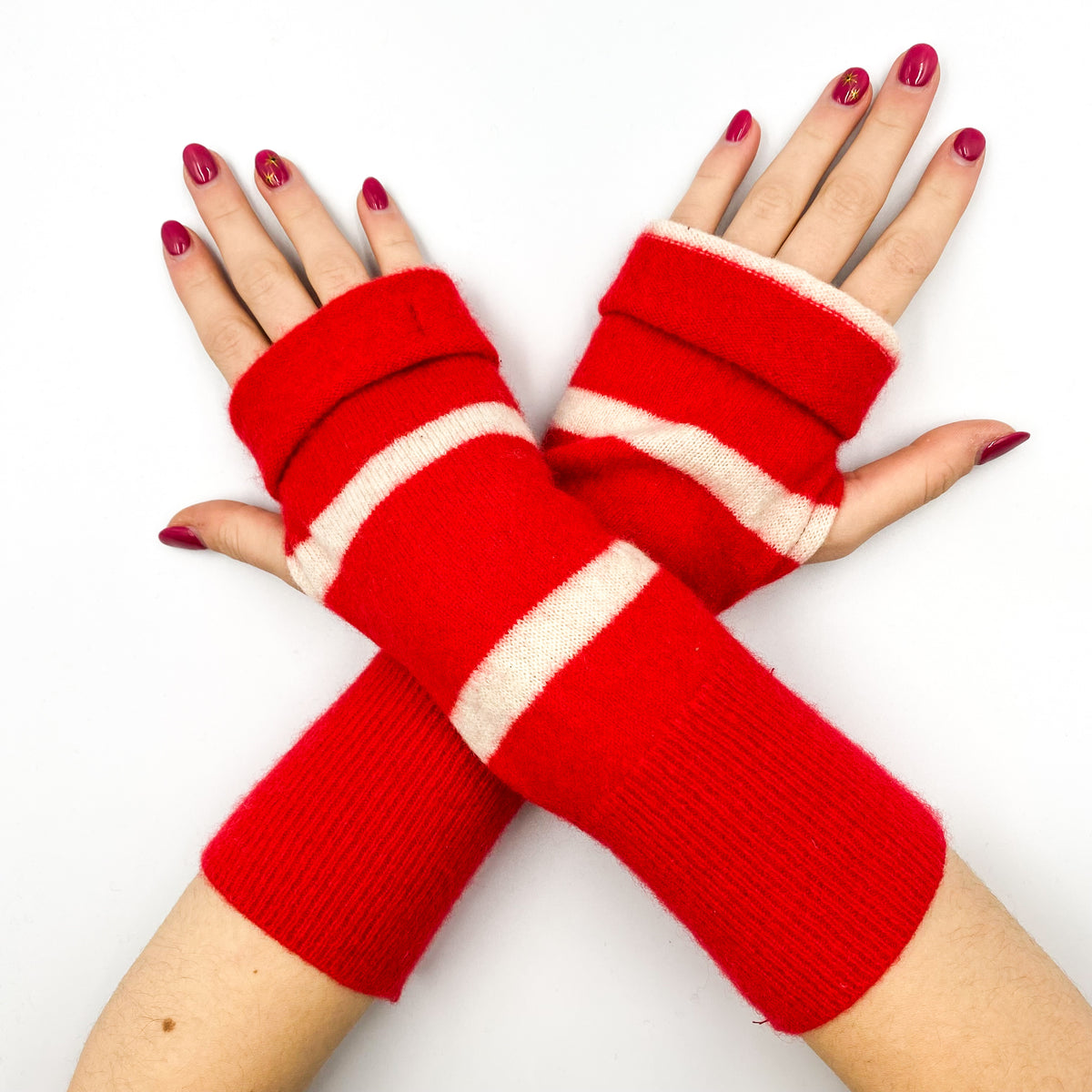 Scarlet Red and Ivory Stripe Fingerless Gloves