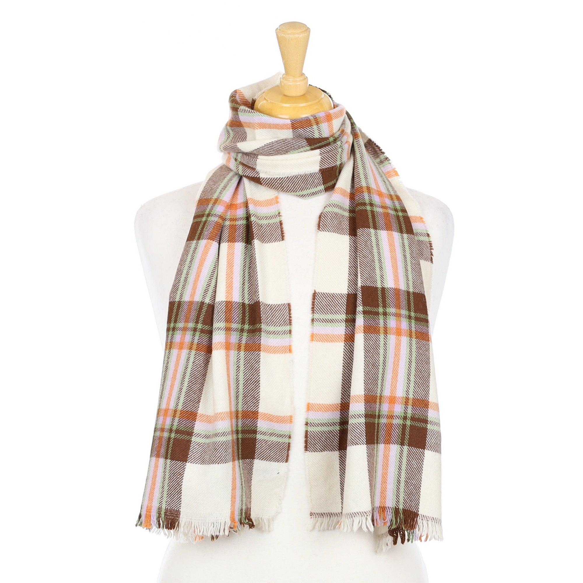 Chocolate Orange and Cream Check Woven Cashmere Scarf