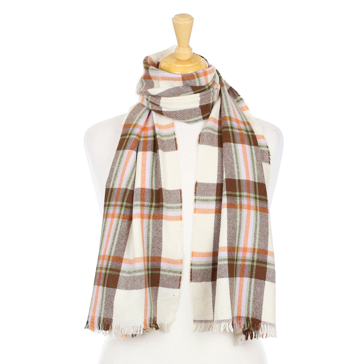 Chocolate Orange and Cream Check Woven Cashmere Scarf