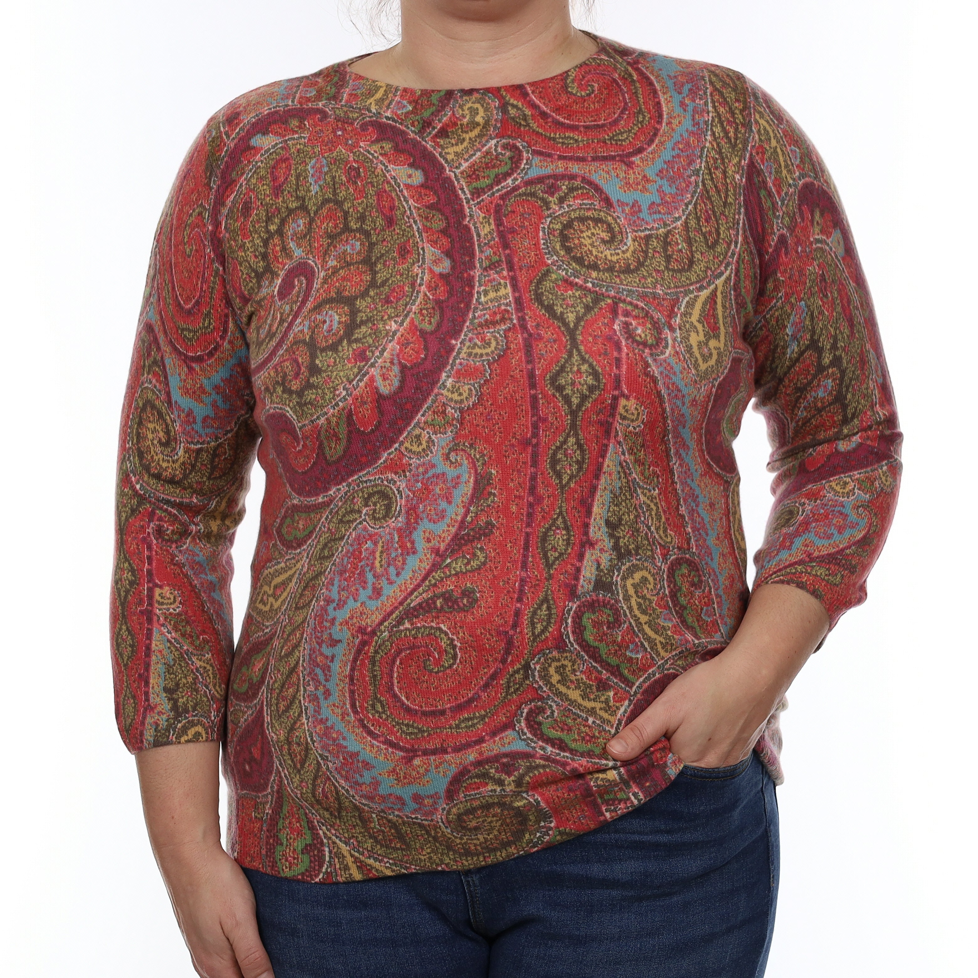 Multicolour Paisley Cashmere Crew Neck Jumper Large