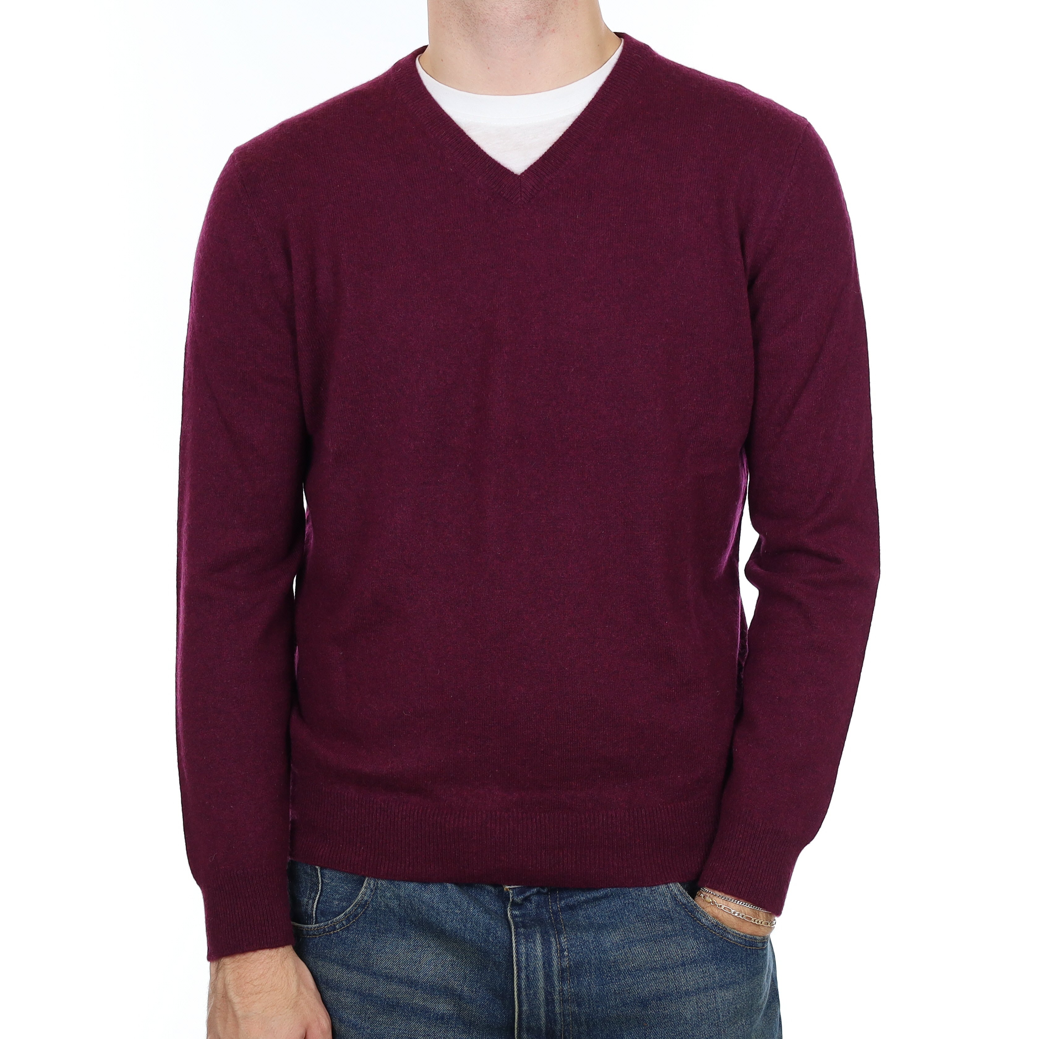 Men’s Plum Purple Cashmere V Neck Jumper Large