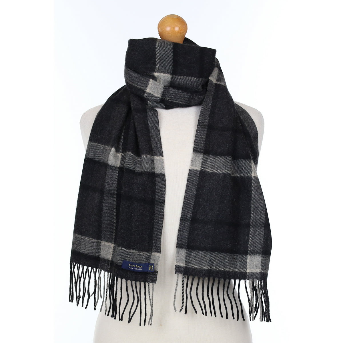 Grey And Black Checked Cashmere Woven Scarf