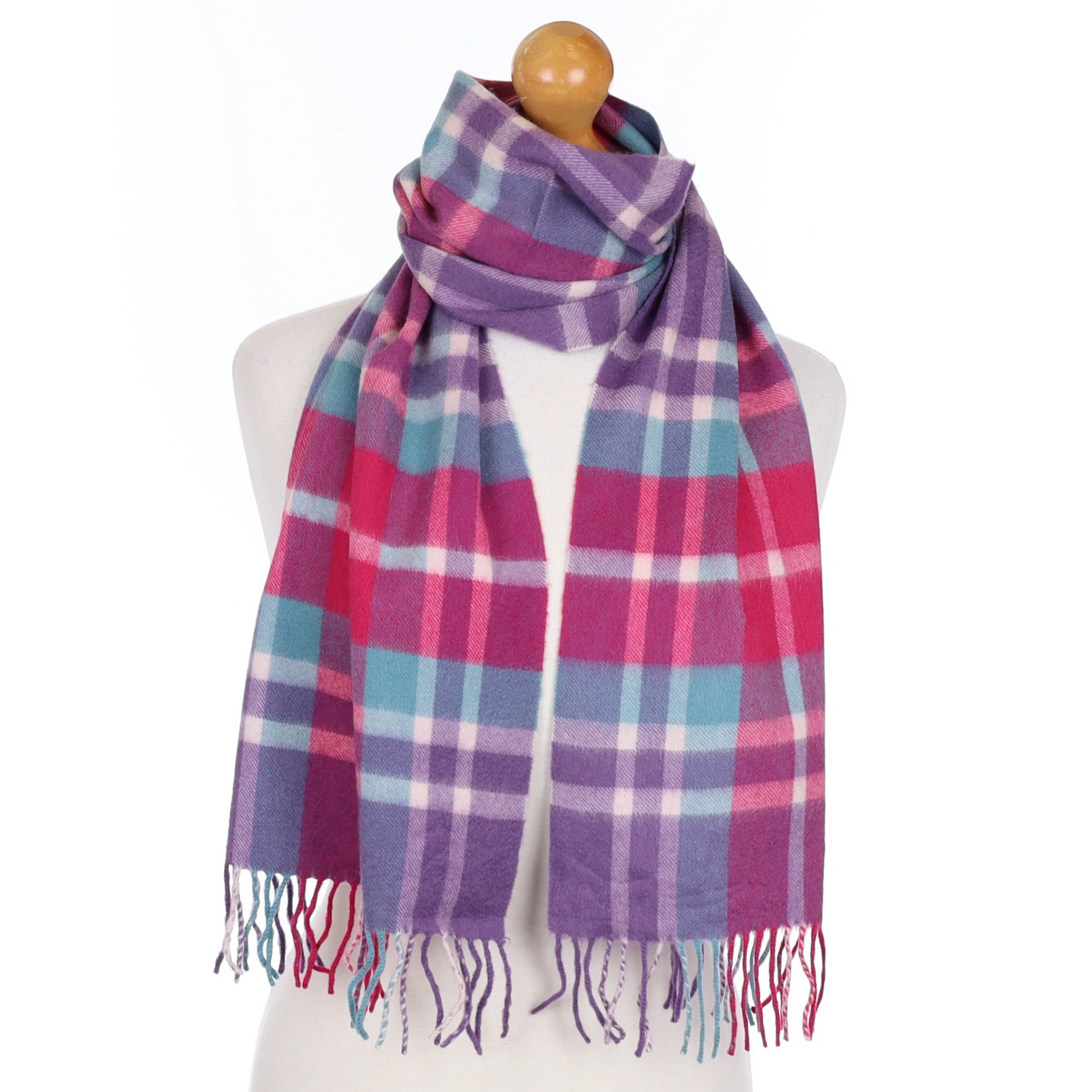 Hot Pink Purple and Green Check Cashmere Tasselled Woven Scarf