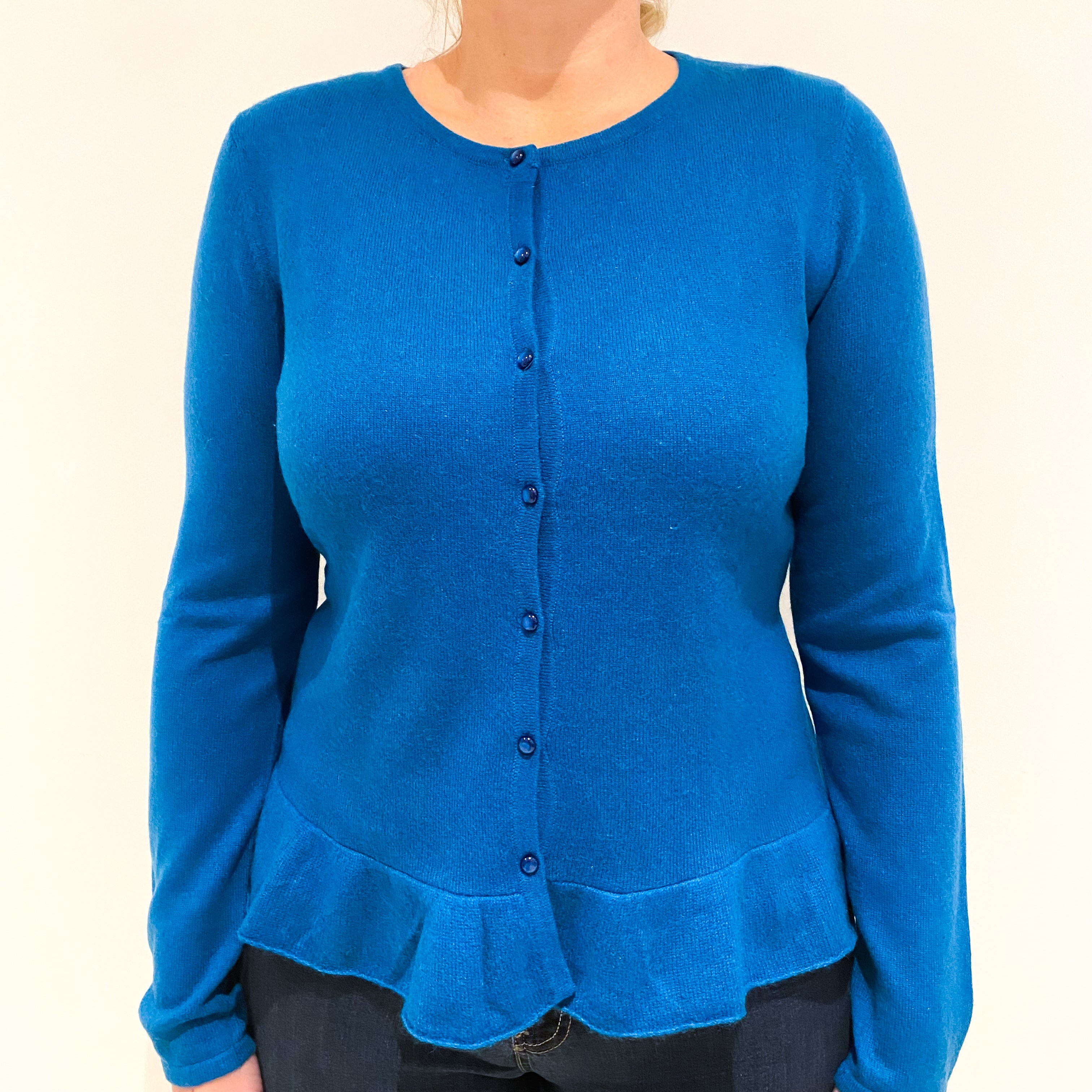 Peacock Blue Cashmere Crew Neck Cardigan Large