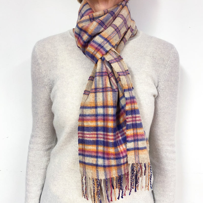 Grey, Purple and Magenta Tartan Fringed Cashmere Woven Scarf