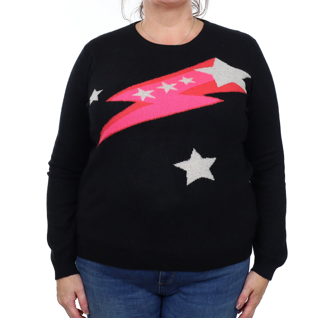 Black and Pink Lightening Bolt Cashmere Crew Neck Jumper Extra Large