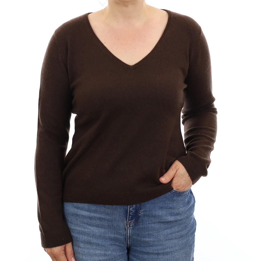 Chocolate Brown Cashmere V Neck Jumper Medium