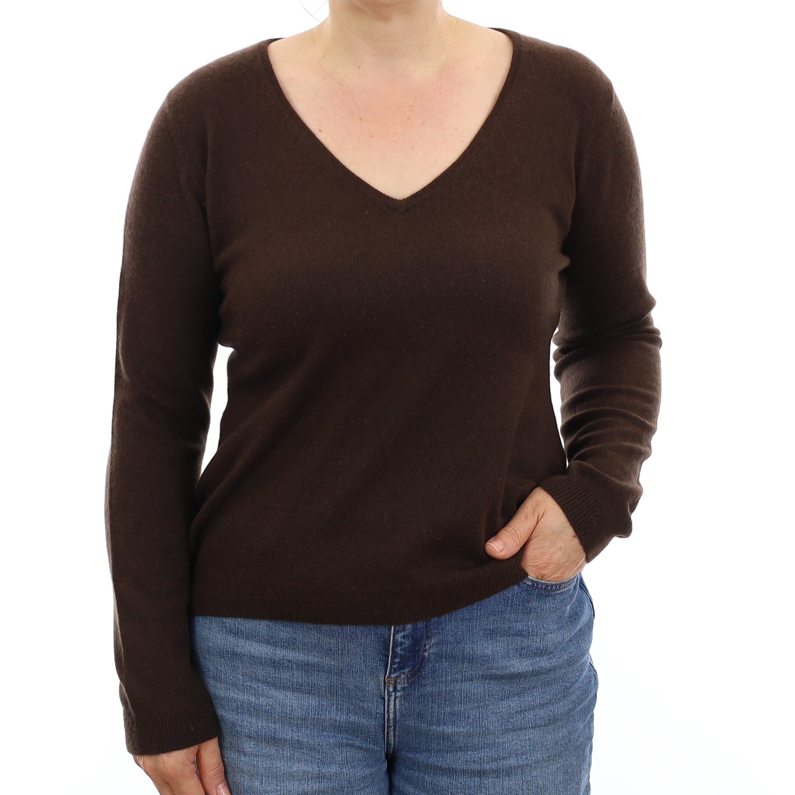 Chocolate Brown Cashmere V Neck Jumper Medium