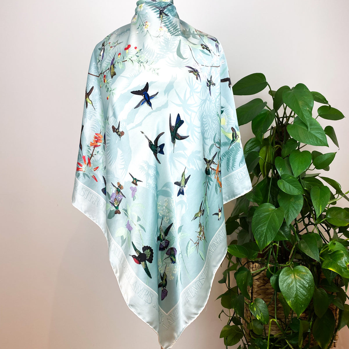 Aqua Blue Satin Bird Design Silk Scarf
