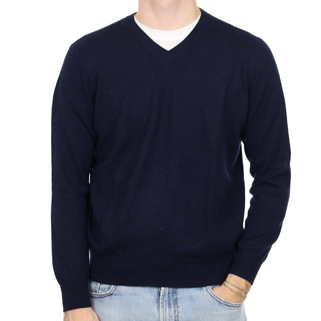 Men's Navy Blue Cashmere V Neck Jumper Large