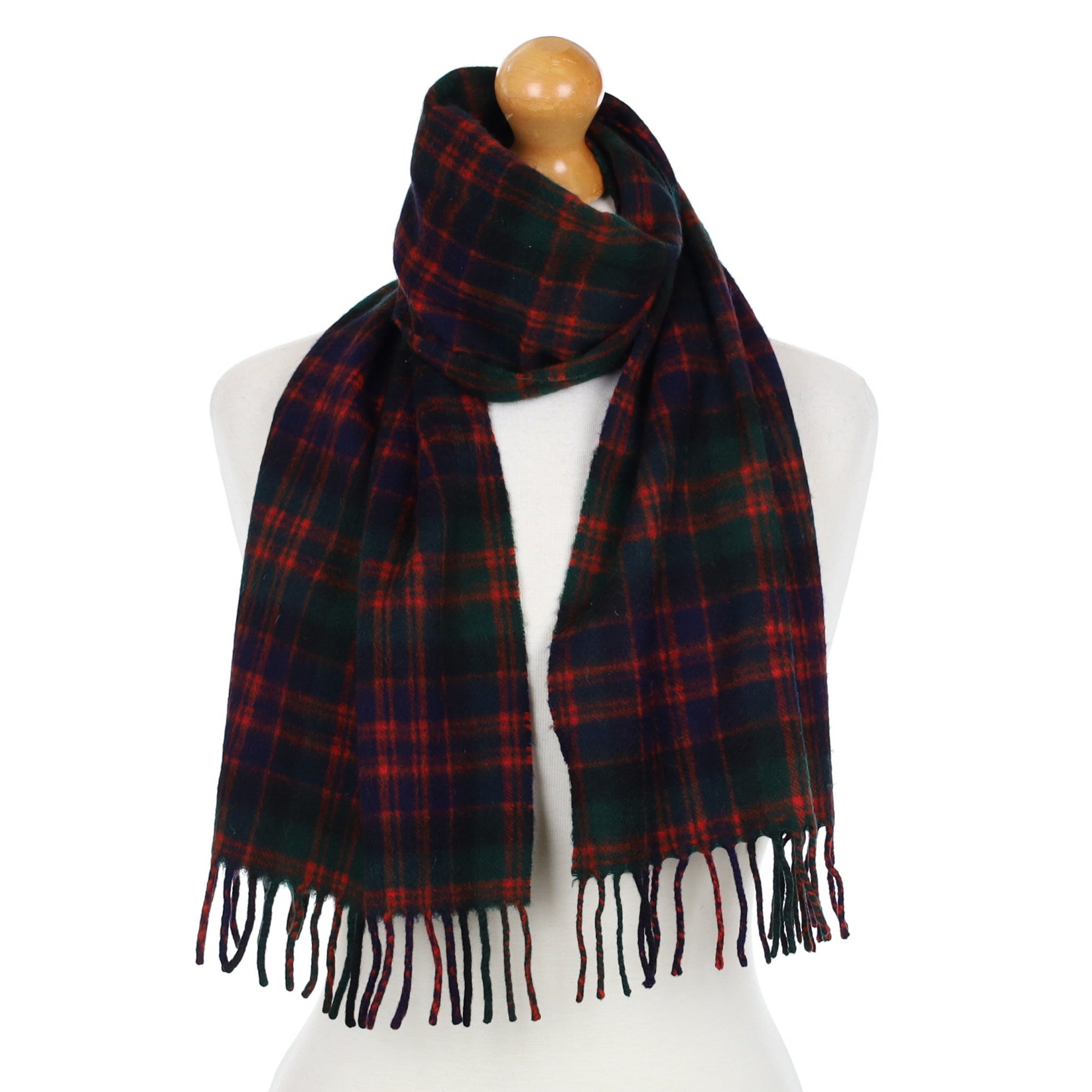 Navy and Red Check Cashmere Fringed Woven Scarf