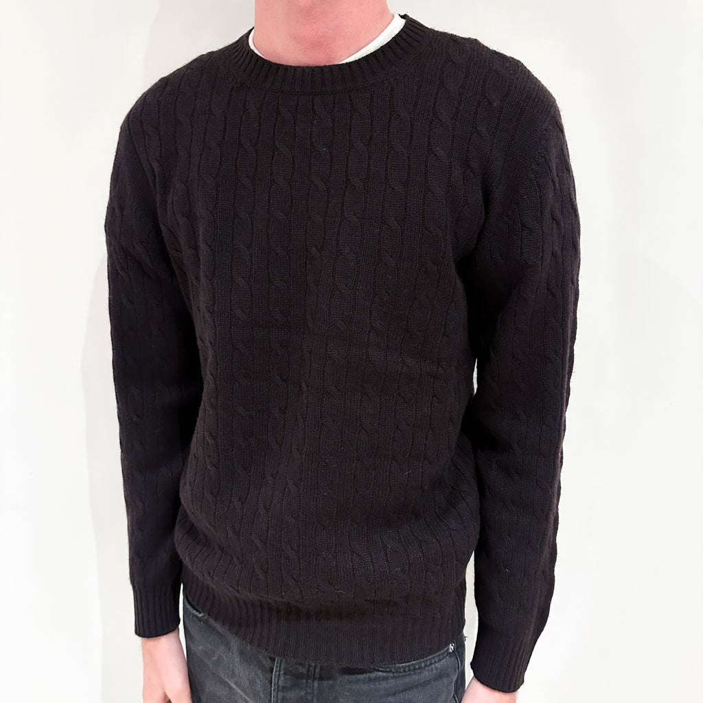 Men's Brand New Scottish Darkest Brown Cable Cashmere Crew Neck Jumper Small