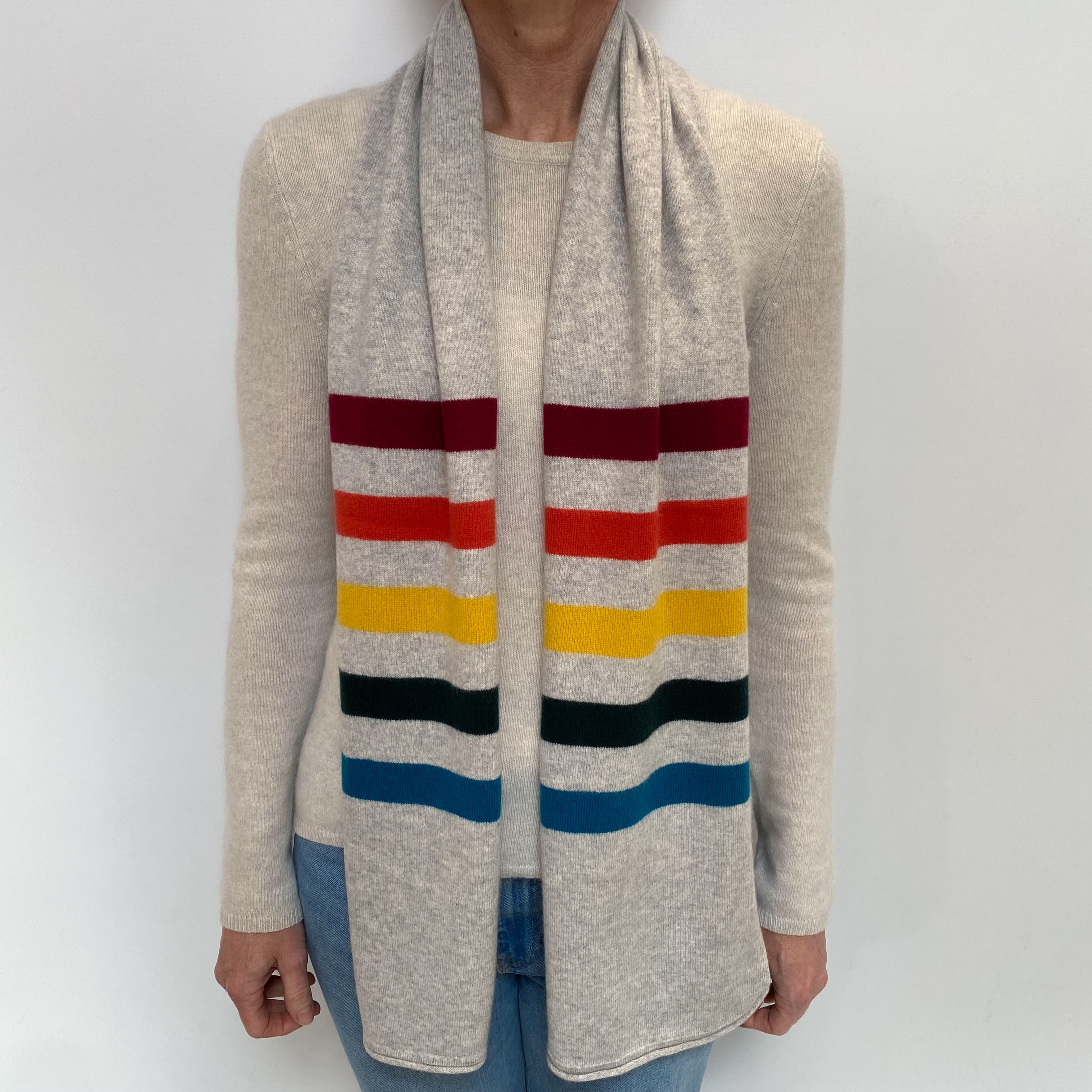 Smoke Grey Colourful Stripe Cashmere Scarf