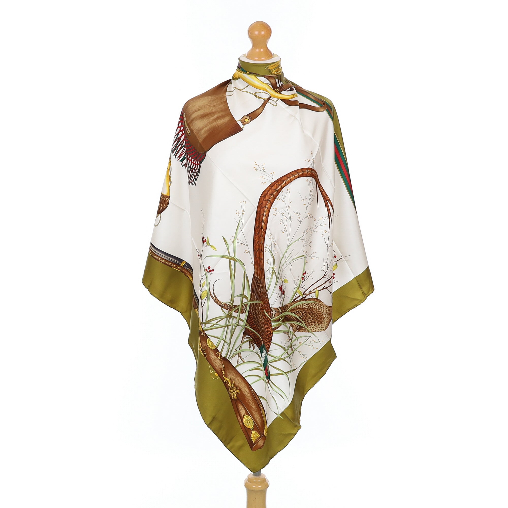 Brand New Gucci Pheasant Hunt Olive Vintage Silk Scarf