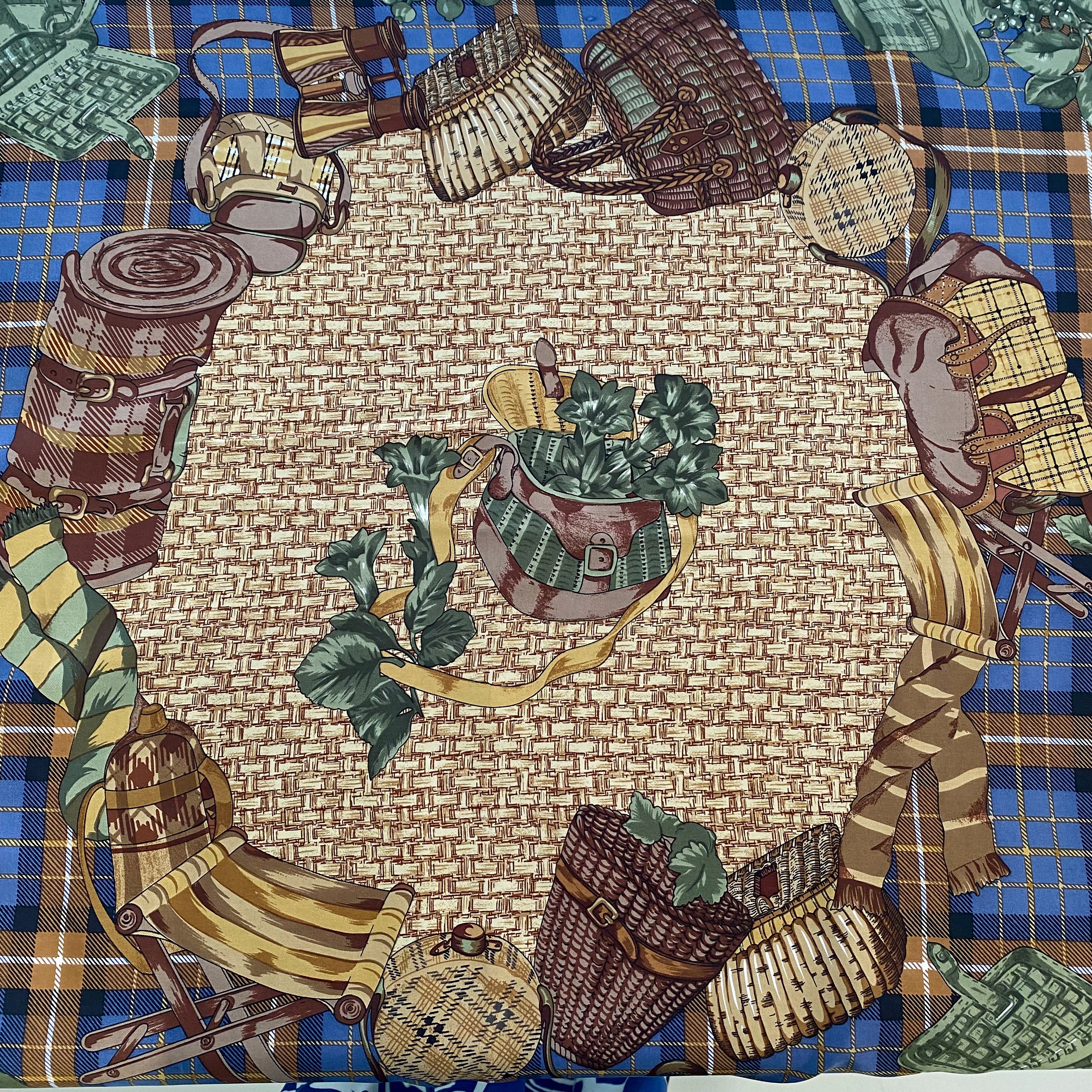 Abstract Tartan Detail Vintage Silk Scarf