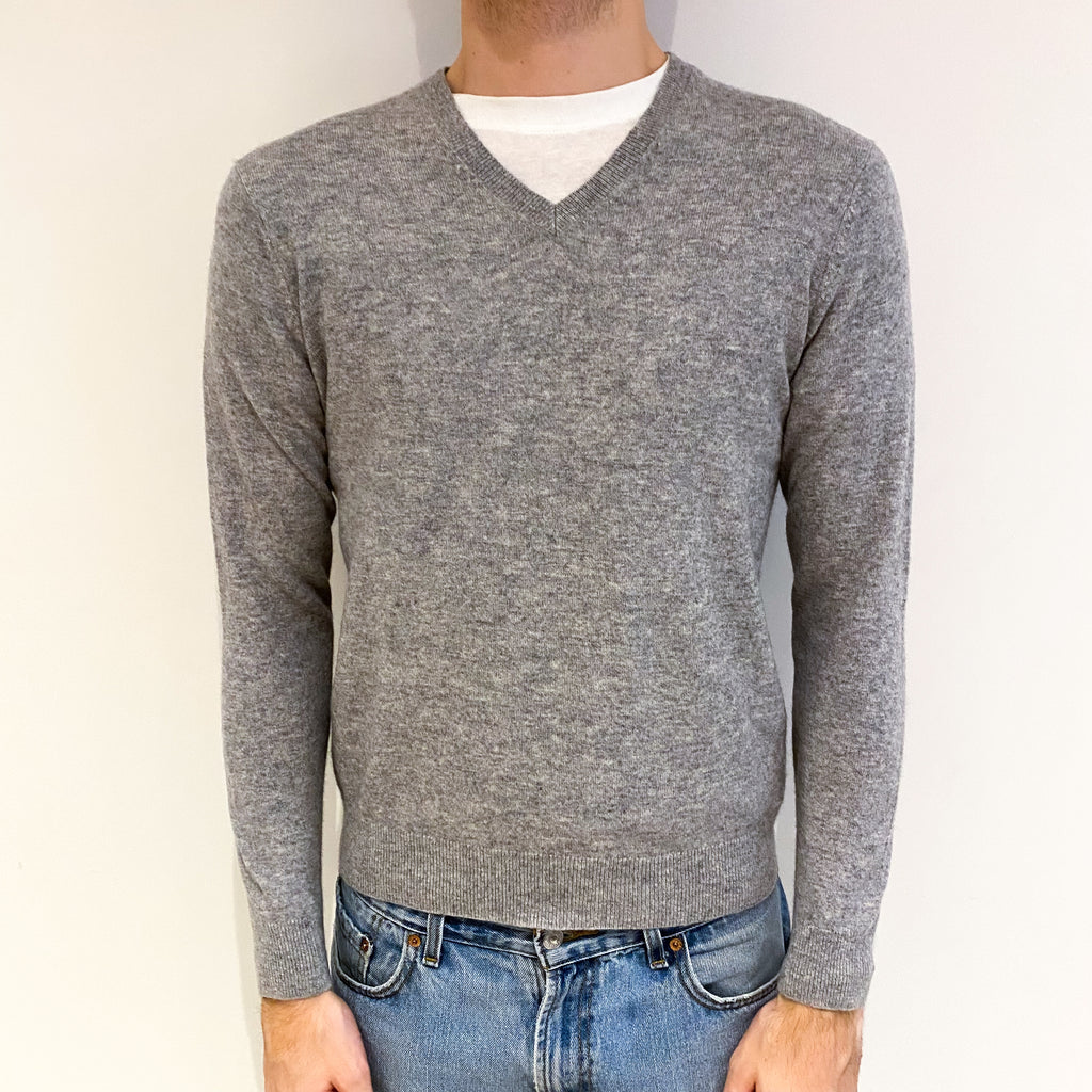 Men's Ash Grey Cashmere V Neck Jumper Medium
